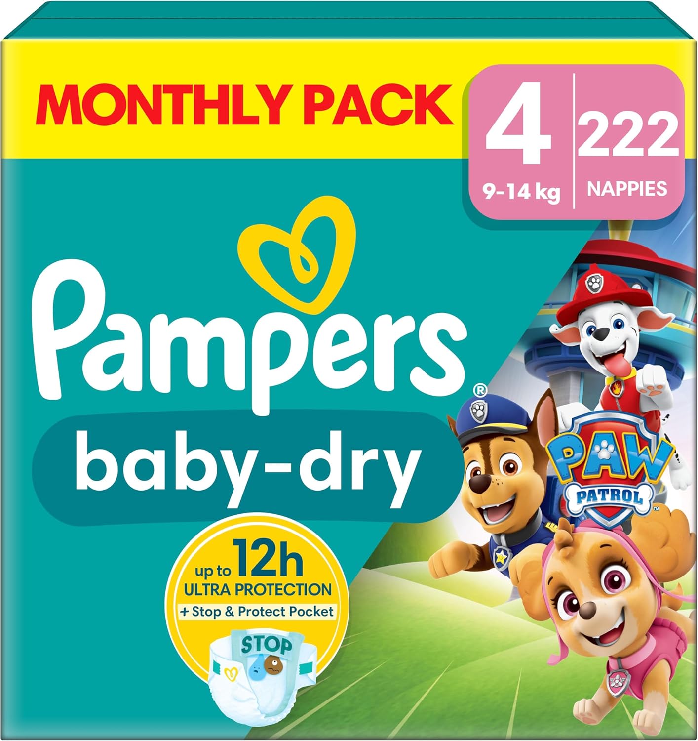 Pampers Baby-Dry Paw Patrol Edition Size 4, 222 Nappies, 9kg - 14kg, Monthly Pack, with A Stop & Protect Pocket to Help Prevent Leaks at The Back