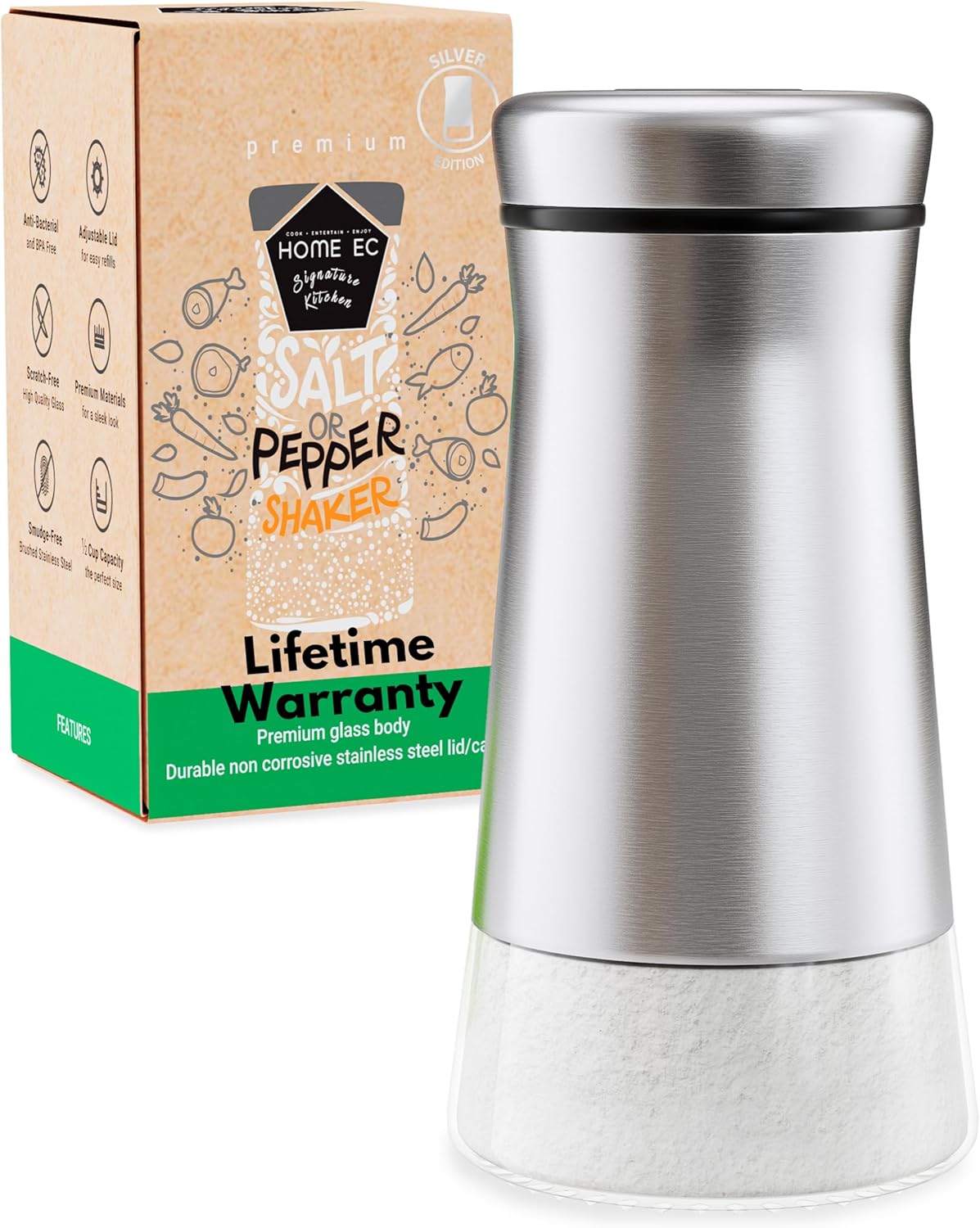 HOME EC Original Glass Salt shaker or Pepper Shaker with Adjustable Pour Holes - Stainless Steel Encased - For salts, ground peppercorns and spices - Great For Farmhouse or RV Camping