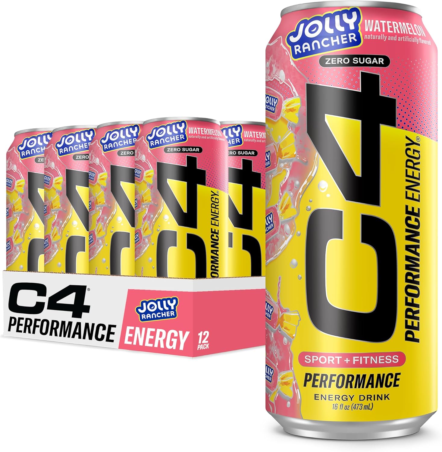 C4 Performance Energy Drink, Jolly Rancher Watermelon, Zero Sugar Carbonated Preworkout Energy, 200mg Caffeine with Beta Alanine, 16 Fl Oz (12 Pack)
