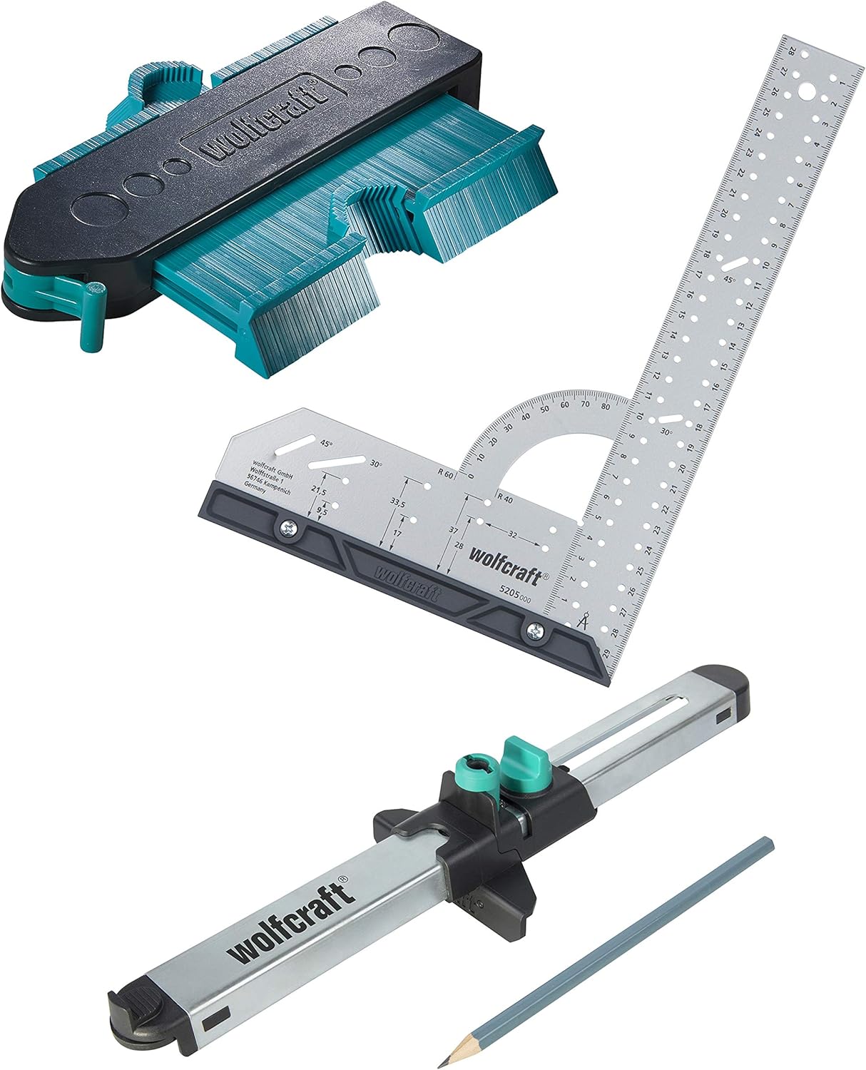 wolfcraft “Fitting Laminate and Design Flooring” Success Kit I 6976000 I Complete Set consisting of Universal Angle & Try Square, Contour Gauge and Laminate Fitter