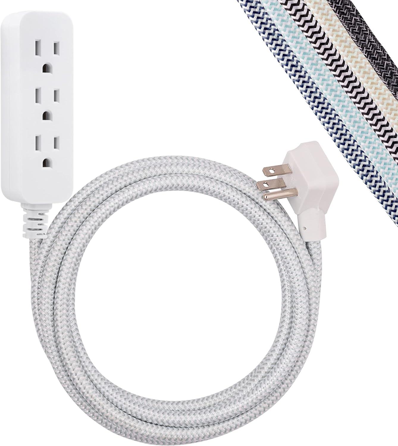 Cordinate 3 Outlet Power Strip Surge Protector Indoor Extension Cord 16 Gauge 10 Ft 3 Prong Braided Extension Cords Flat Extension Cord ETL Listed White 37914
