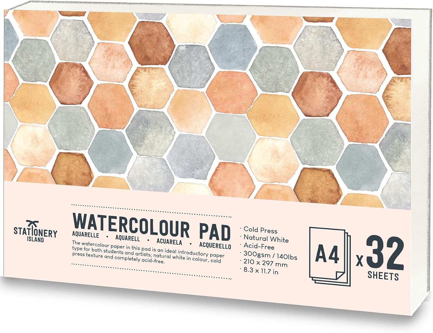 STATIONERY ISLAND Watercolour Paper A4 Pad, 32 Sheets Water Colour Paper 300gsm, Glue Bound, Cold-Pressed Texture, Watercolour Sketchbook for Painting, Drawing, Sketching and Mixed Media