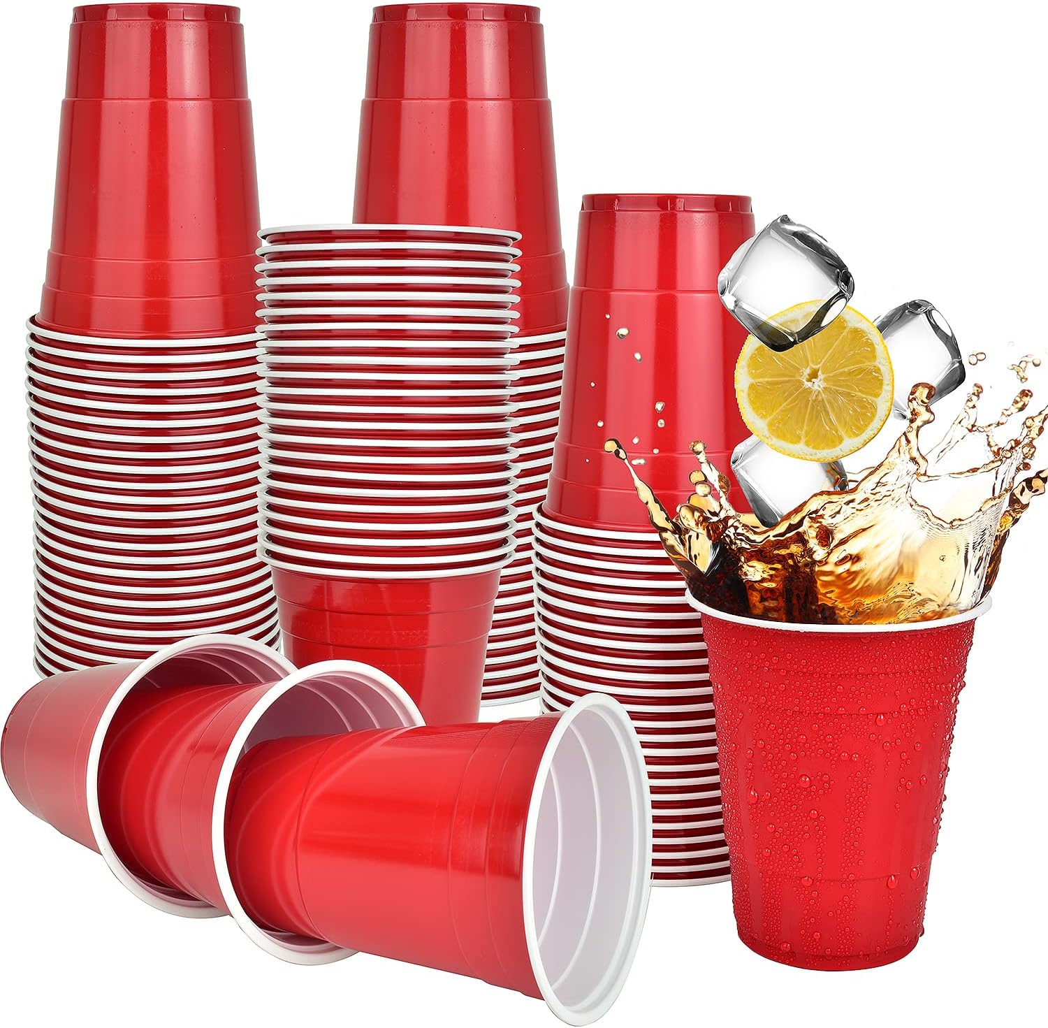 Epished Super Sturdy 100 Pcs (16 oz) Large Red Plastic Cups Disposable & Recyclable - Odorless & Shatter Proof Easy Separable Red Party Cups - Party Hard w/Red Drink Cups Made of Durable PP Material