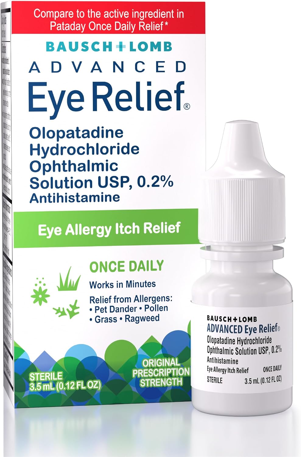 Bausch + Lomb Advanced Eye Relief 0.2% Olopatadine Antihistamine Eye Drops, 0.12 fl oz, 16-Hour Allergy Relief, Once-Daily Prescription-Strength Eye Drops for Itchy Eyes