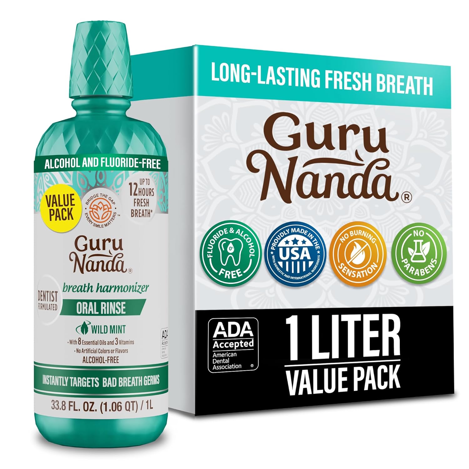 GuruNanda Fresh Breath Mouthwash, ADA-Accepted, Alcohol & Fluoride-Free, Sodium Chlorite, Essential Oils & Vitamins, 12-Hrs Fresh Breath, Wild Mint, 33.8 oz