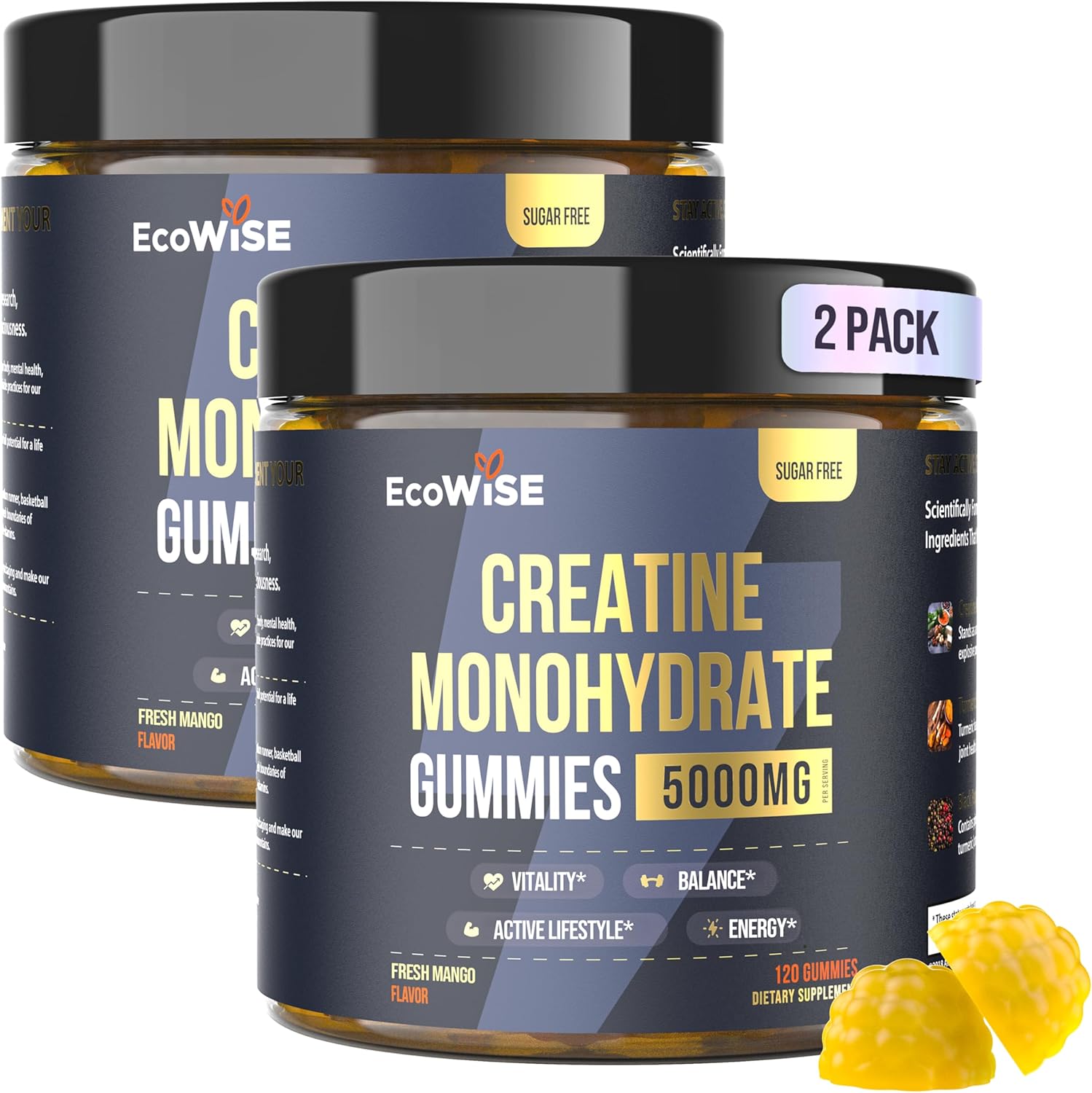 2 Pack Creatine Monohydrate Gummies 5000 mg, Fresh Mango Flavor, 120 Sugar-Free Vegan Chews, Creatine Supplement for Daily Routine