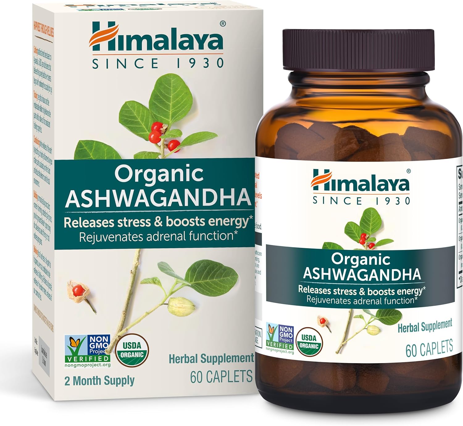 Himalaya Organic Ashwagandha, 60 Day Supply, Herbal Supplement for Stress Relief, Energy, Occasional Sleeplessness, Additive Free, Organic, Non-GMO, Vegan, Gluten Free, 670 mg, 60 Caplets