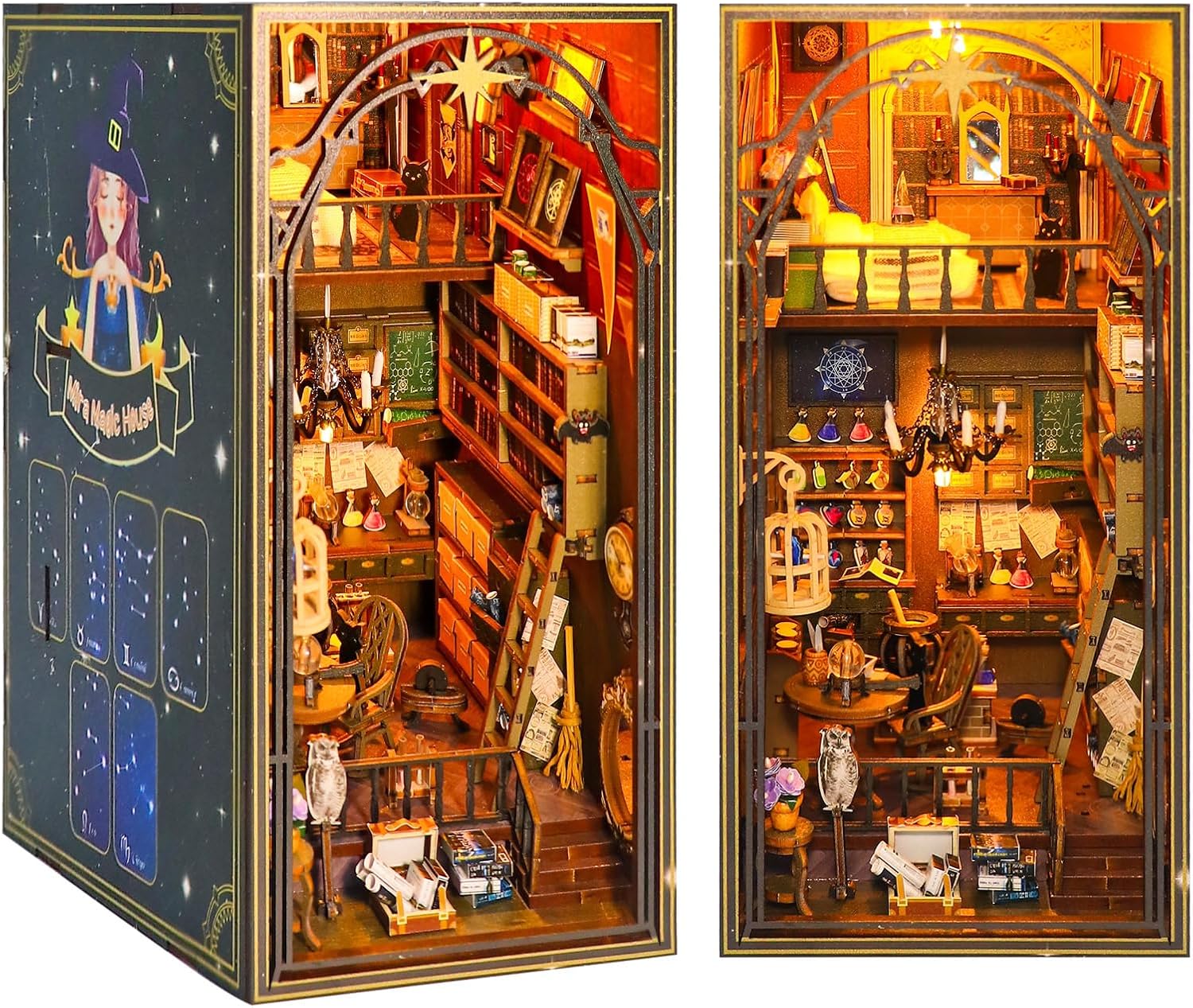 Cuteefun DIY Book Nook Kit, DIY Miniature Dolls House, Bookend Shelf Insert, Wooden Book Nook Dollhouse Kit for Adults to Build, Make Your Own Craft House Model (Mila Magic House)