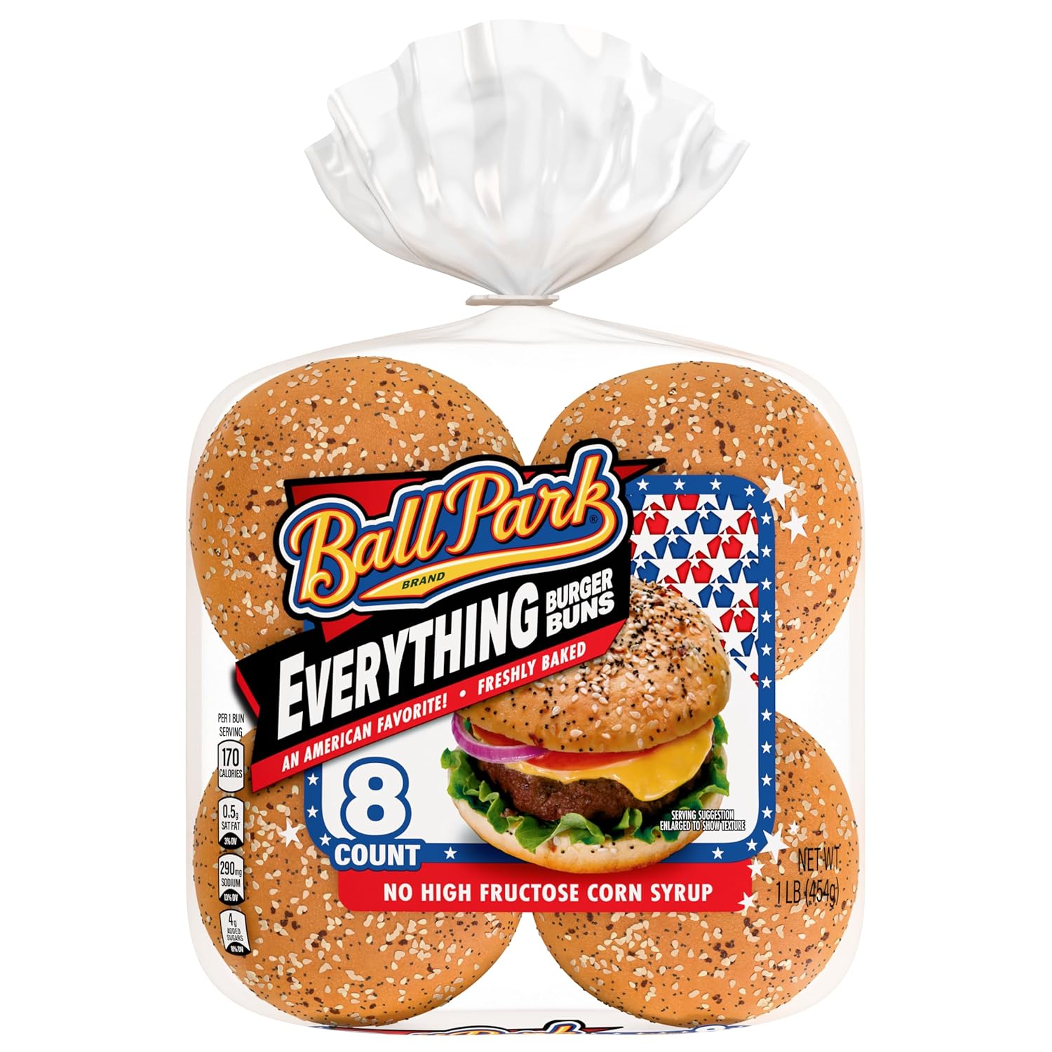 Ball Park Everything Burger Buns, 8 count, (2.0 oz each), Pre-sliced Hamburger Buns, 16 oz Bag