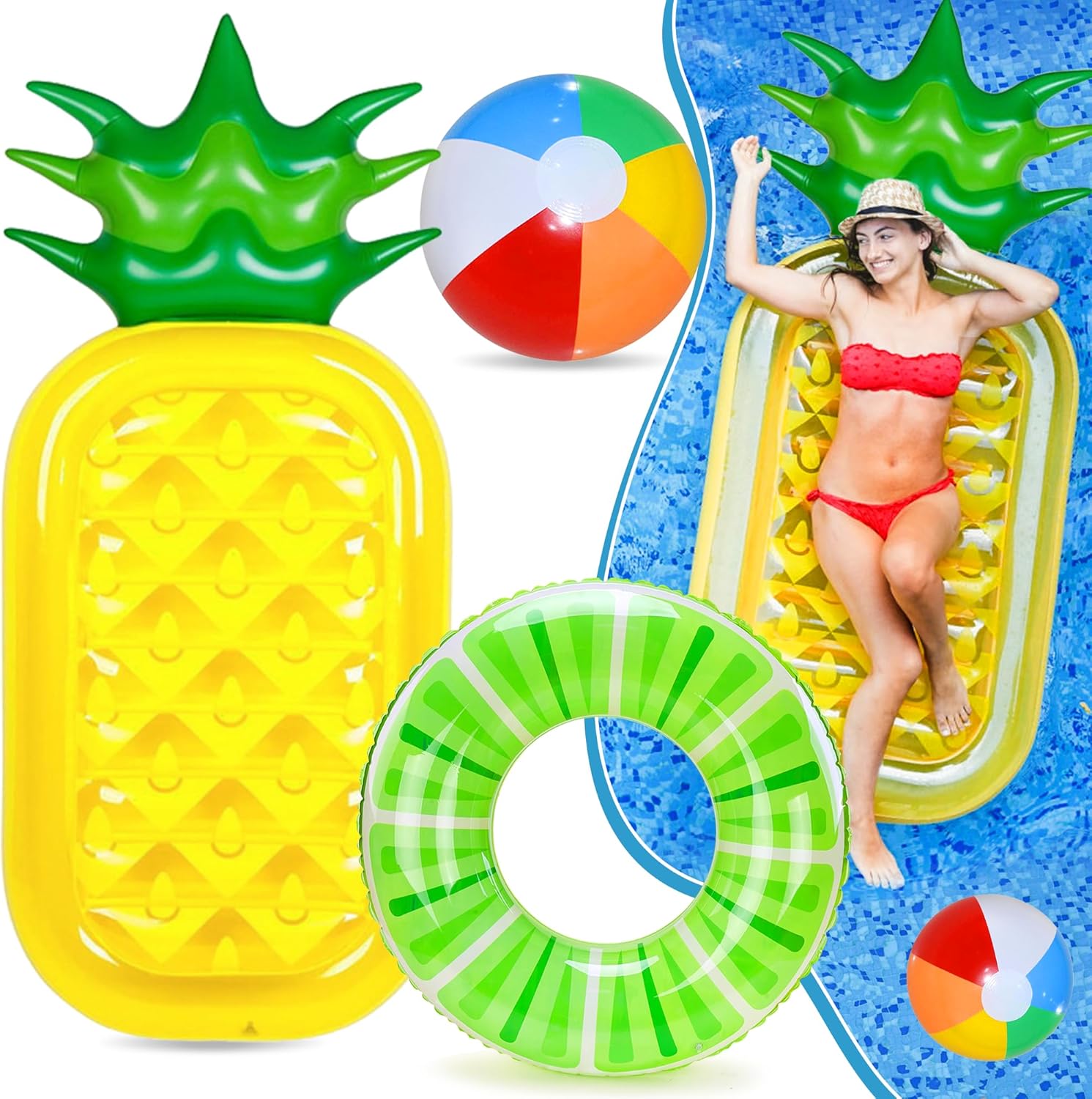 Chennyfun Pineapple Inflatable Pool Float with Kiwi Swimming Ring and Beach Ball, Giant Inflatable Raft Lounger Float Air Mat Bed for Summer Pool Lake Beach Water Party