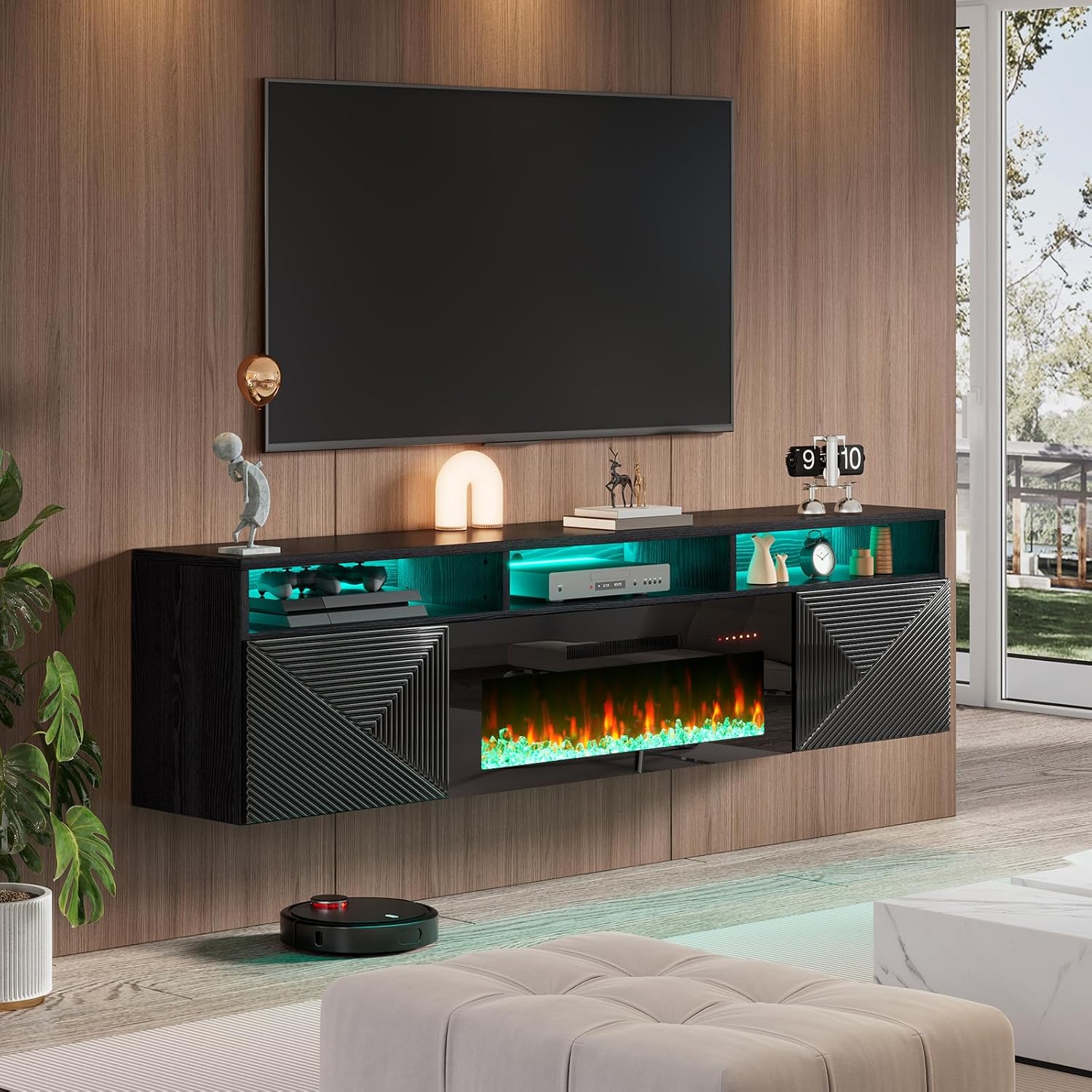Floating TV Stand with 36" Electric Fireplace, 70 inch Wall Mounted Electric Fireplace Entertainment Center with Storage Space, TV Stand for Living Room for TVs Up to 80", All Black