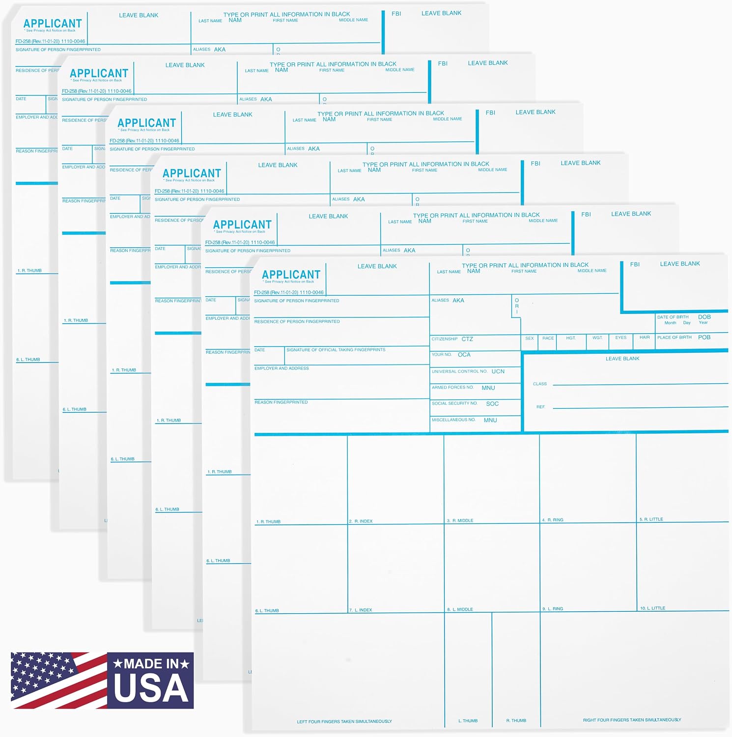 National Gun Trusts - Made in USA - FD-258 Fingerprint Cards 2026, 6 pack - 11-1-20 Version