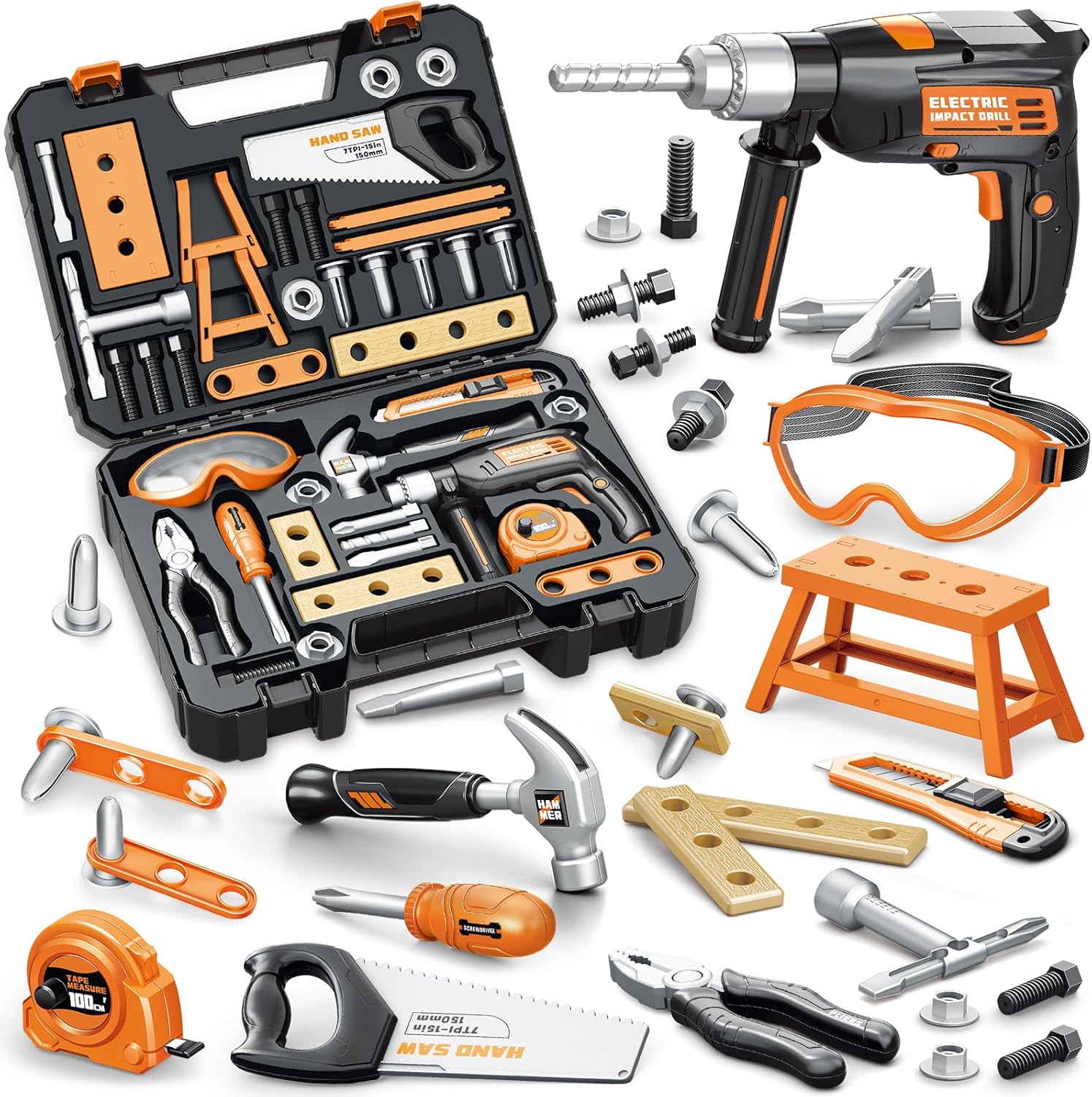 OCHIDO Kids Tool Set with Tool Box & Electronic Toy Drill, 41PCS Toddler Tool Set Kids Construction Toys for Ages 3,4,5,6,7,8, Kids Tools Boy Toys for Boys Christmas Birthday Gifts