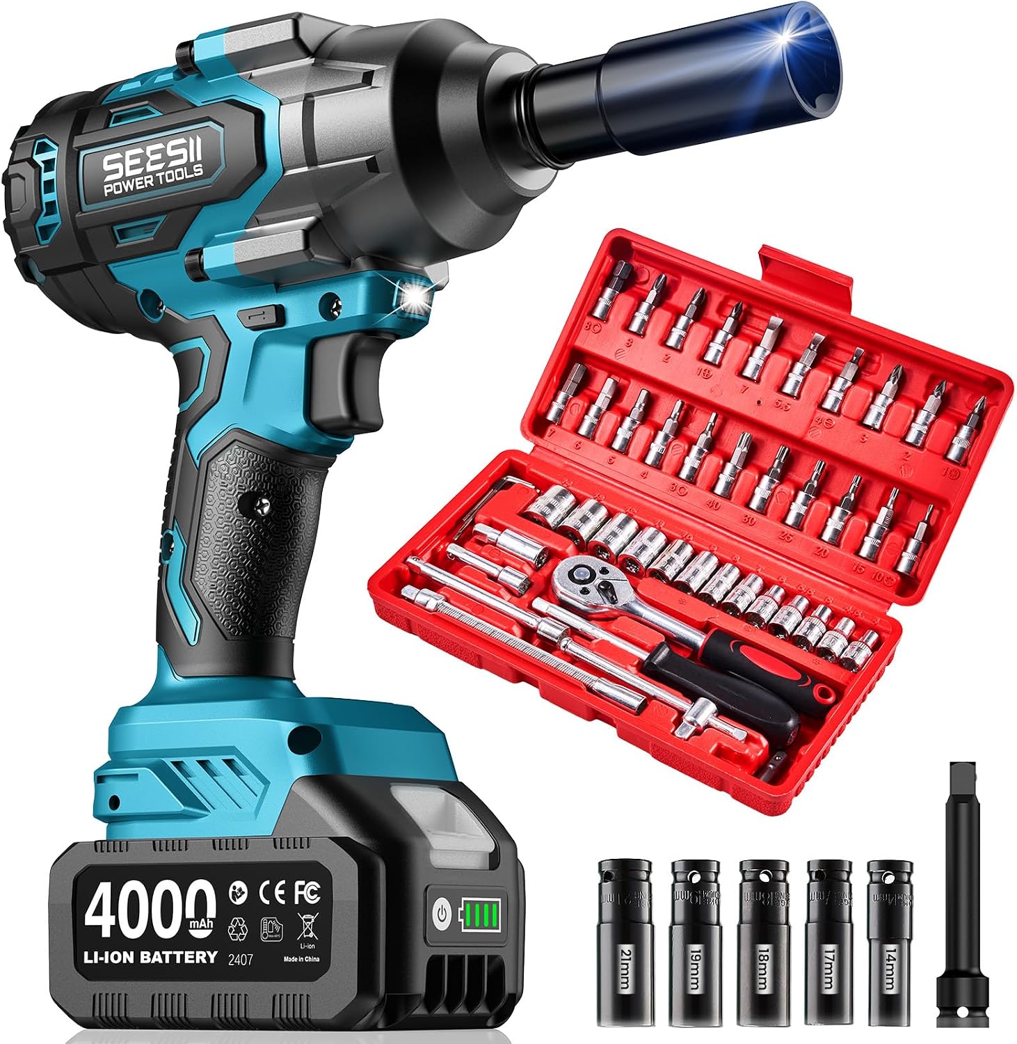 Seesii Impact Wrench 1000N.m(738 Ft-Lbs) & 46PCS 1/4″ Drive Socket Set Tool