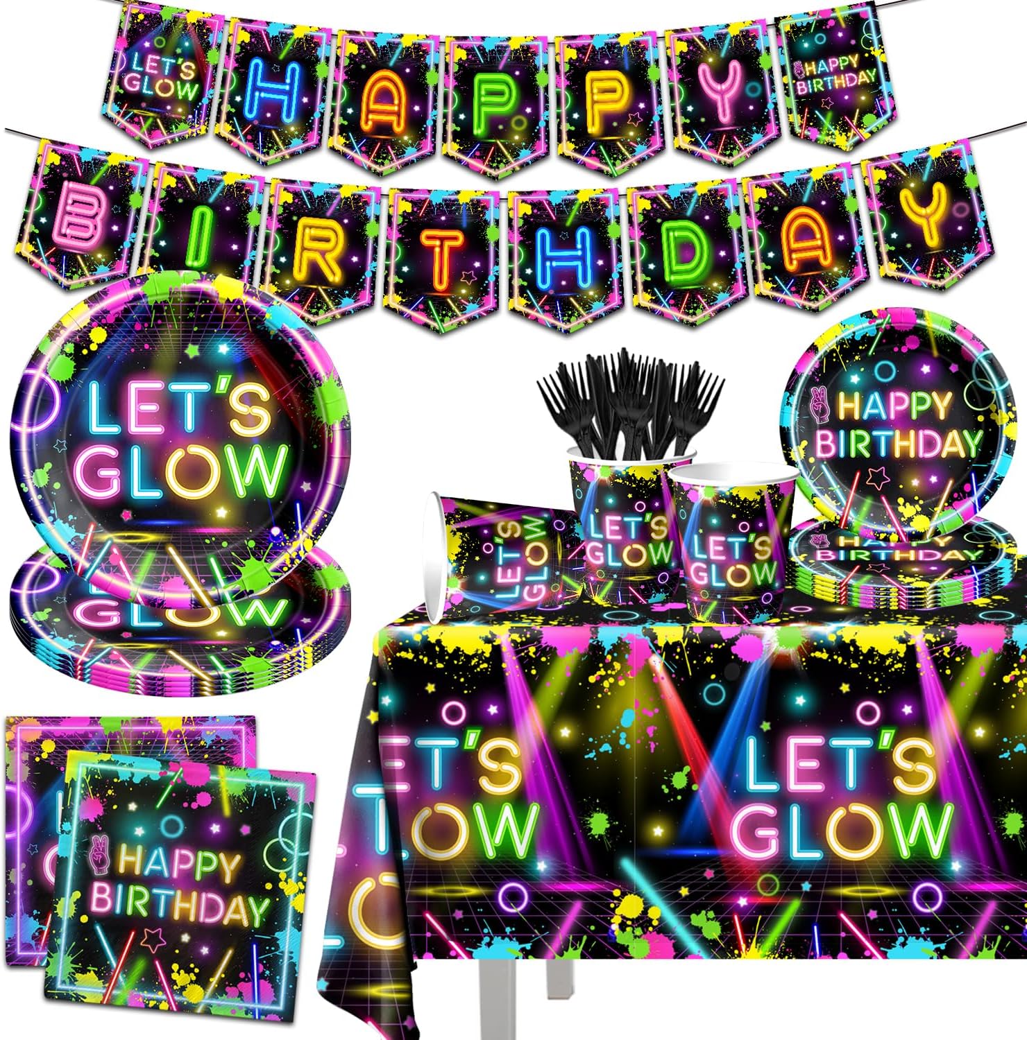Neon Party Supplies,142Pcs Let Glow Party Decorations Including Disposable Paper Plates,Cups,Tablecloths, Glow in the Dark Theme Decoration for Birthday Baby Shower Party