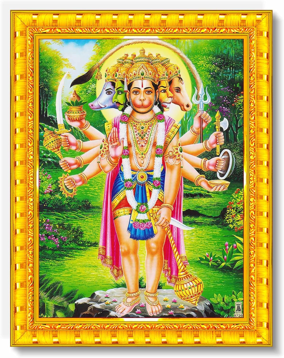 Pavan Photo Laminations Panchmukhi Hanuman for Door Entrance Vastu Wall Painting Framed Home Decor (Wood,Matte,Gold,Small Size,6 x 8 Inch) R784S