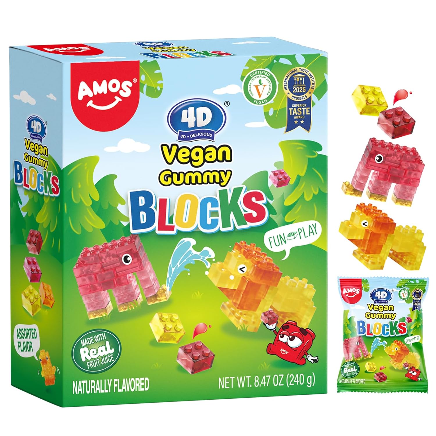AMOS 4D Vegan Gummy Blocks Candy – Assorted Fruit Flavors, Made with Real Juice, Fun-to-Build Edible Blocks, Fat-Free, (8.47 oz Pack of 1)