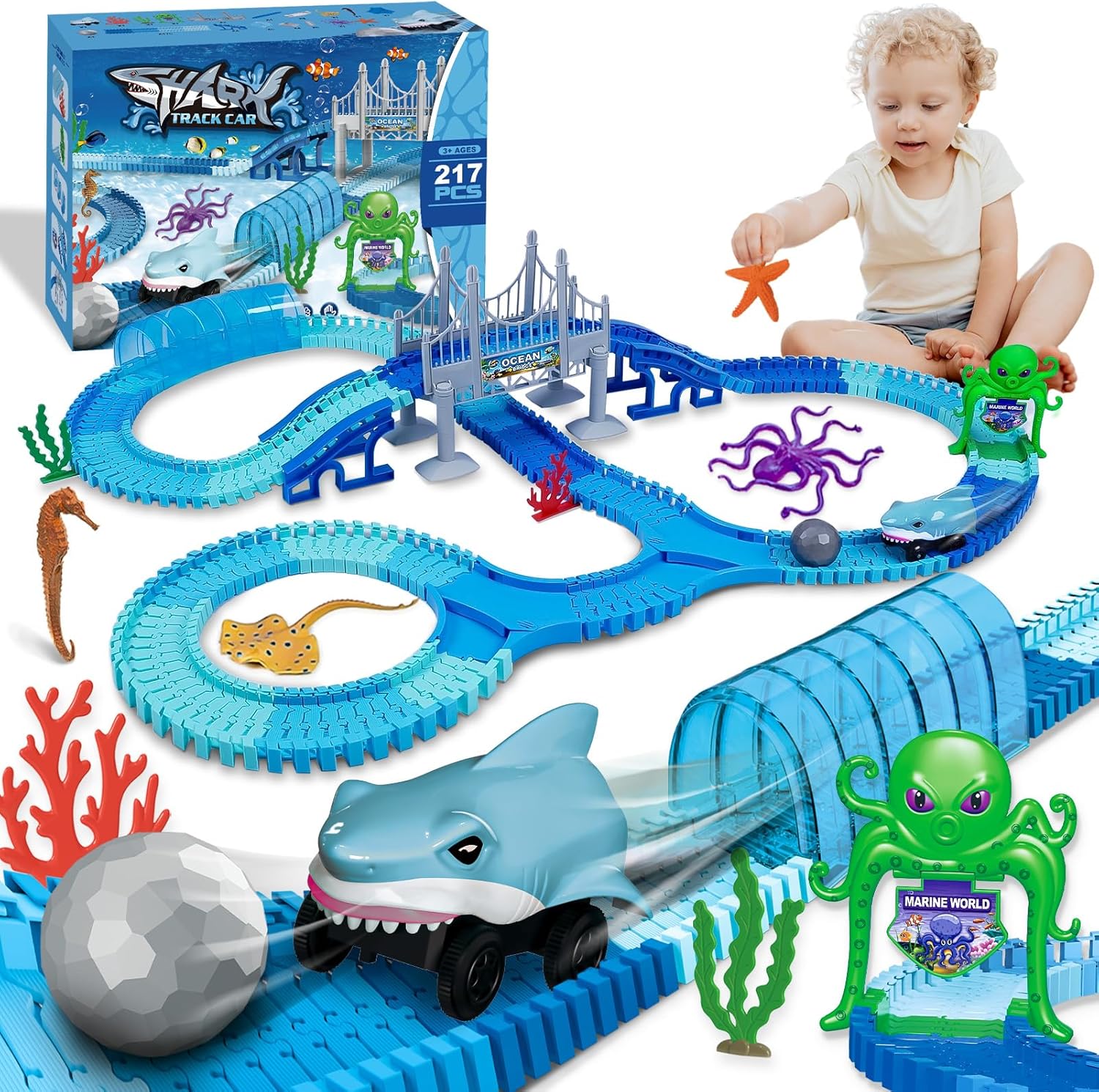 Tragik Construction Toys for 3 4 5 6 Year Old Boys Gifts, Shark Race Track Boys Toy Age 3 4 5 6 Year Old Boy Birthday Presents Kids Play Vehicles Construction Toy Race Tracks for Kids Toys