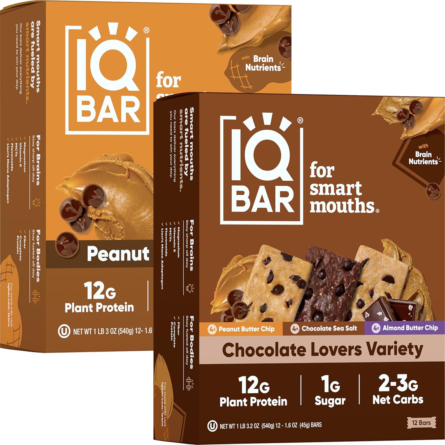 IQBAR Brain and Body Keto Protein Bars - Chocolate Lovers Variety and Peanut Butter Chip - 12 Count Energy Bars - Low Carb Protein Bars - High Fiber Vegan Bars Low Sugar Meal Replacement Bars
