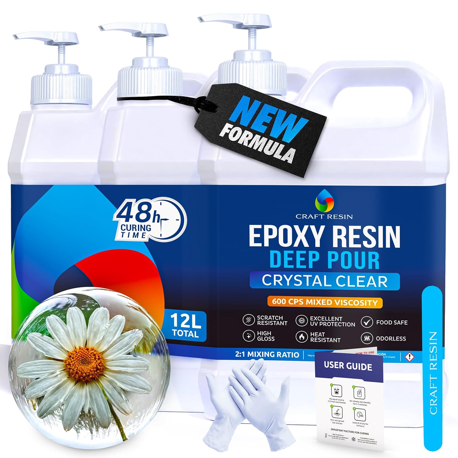 CRAFT RESIN 12L Crystal Clear Deep Pour Epoxy Resin Kit with Pumps - Food Safe & UV Resistant Best for DIY, Art, River Table, Wood, Flower, Mould Casting Resin Epoxy Kit - for Beginners & Pros