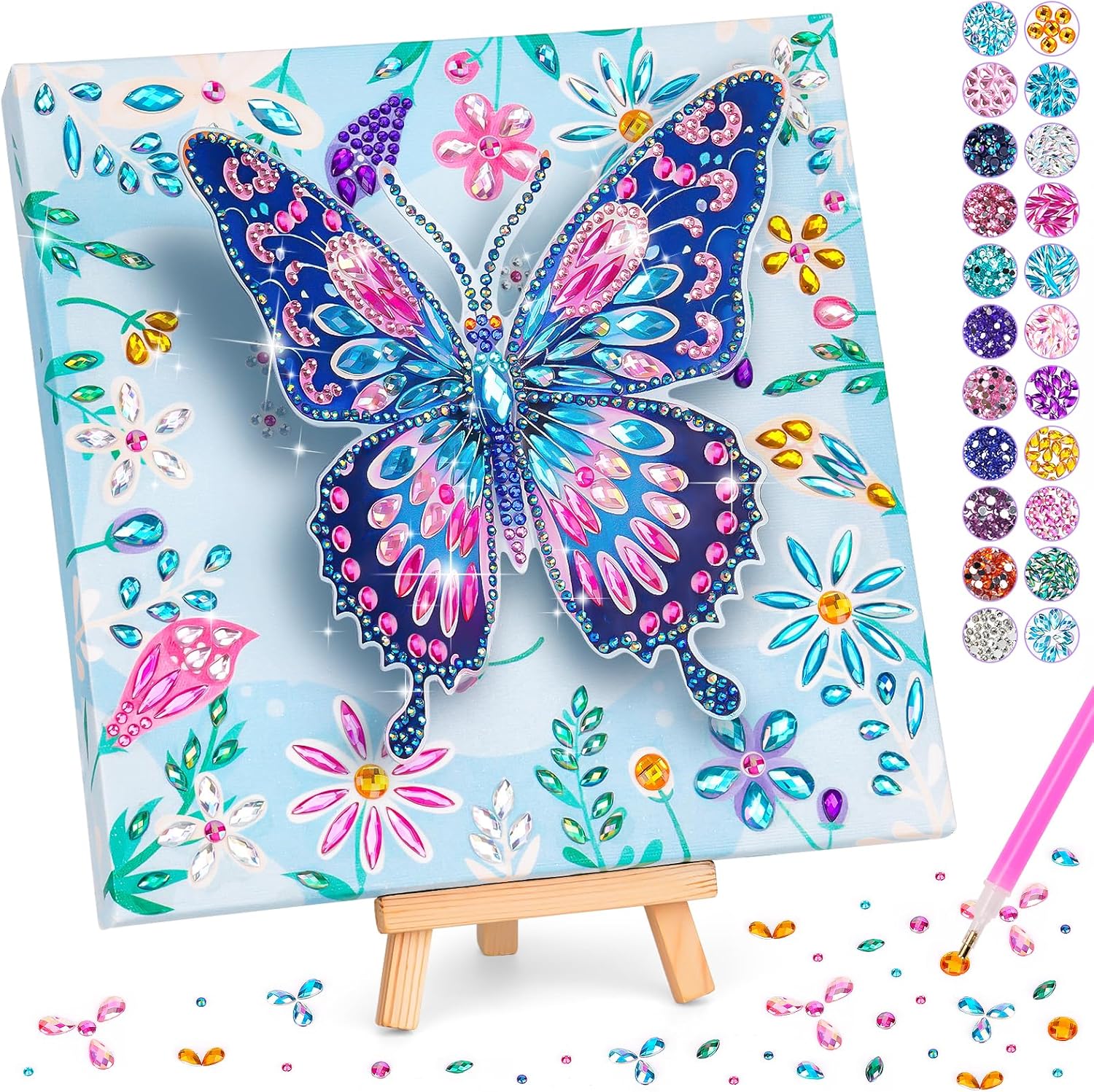Arts and Crafts for Kids Age 6 7 8 9 10, Diamond Painting Art for Kids, Gifts for 8 9 10 Year Old Girls DIY 3D Butterfly with Wooden Canvas Creative Birthday Presents Toy for 5-12 Girl Home Decorate