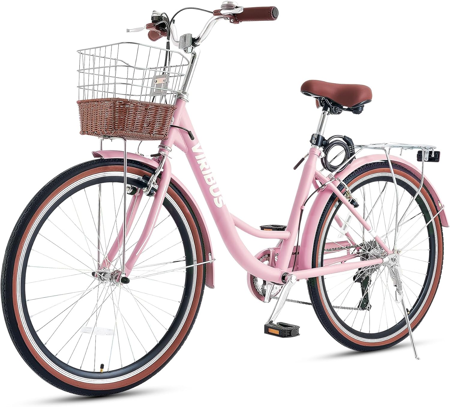 Viribus Women's Comfort Bike, 66 cm 7 Speed Bicycle for Women, Beach & City Cruiser Bike with Rattan Basket Steel Rack, Step Through Bike for Women Adults