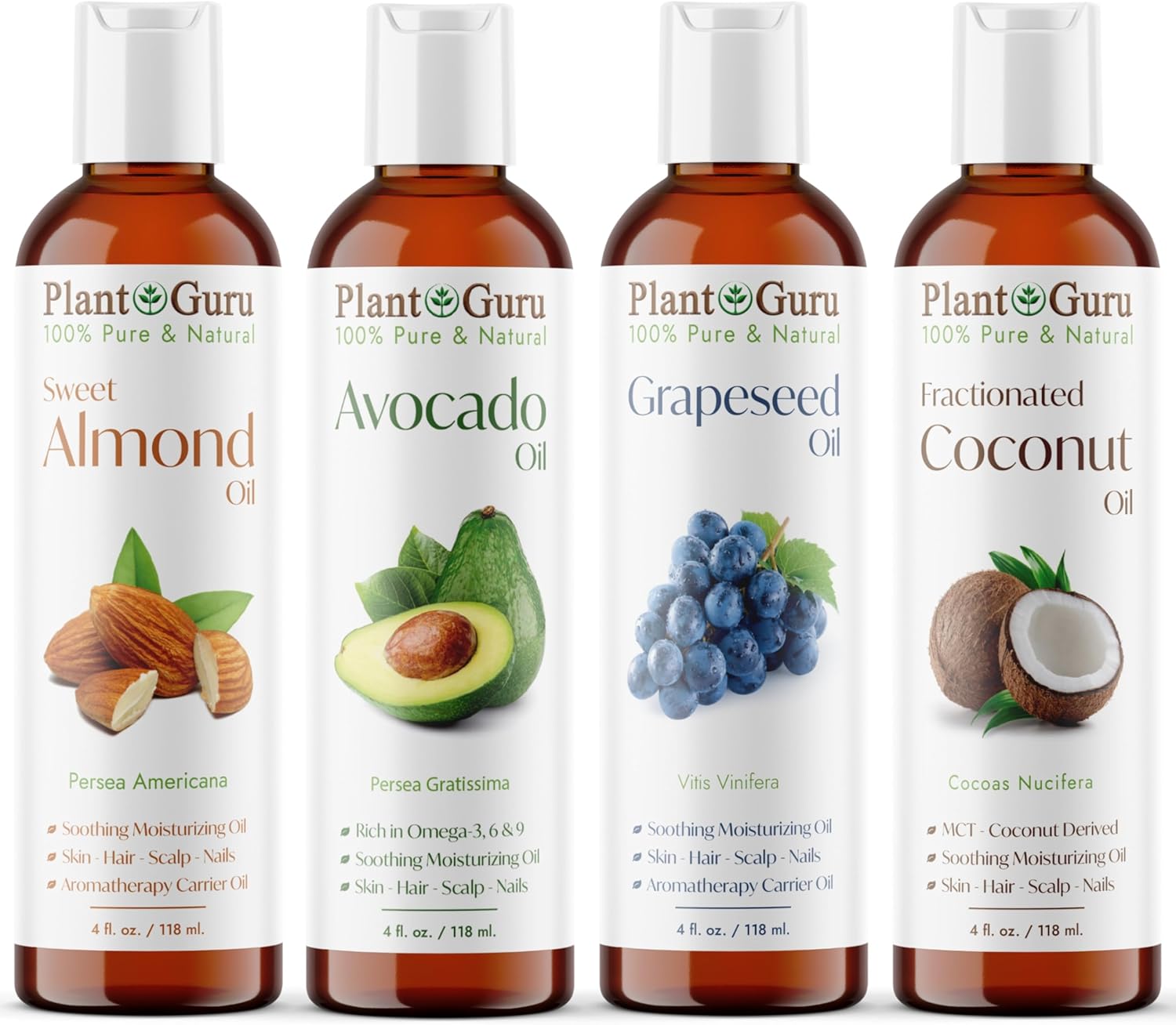 Carrier Oil Variety Set 4 oz. Cold Pressed 100% Pure Natural Sweet Almond, Avocado, Coconut Fractionated, Grapeseed. for Aromatherapy Essential Oils, Skin & Hair Growth, Moisturizer, Body Massage.