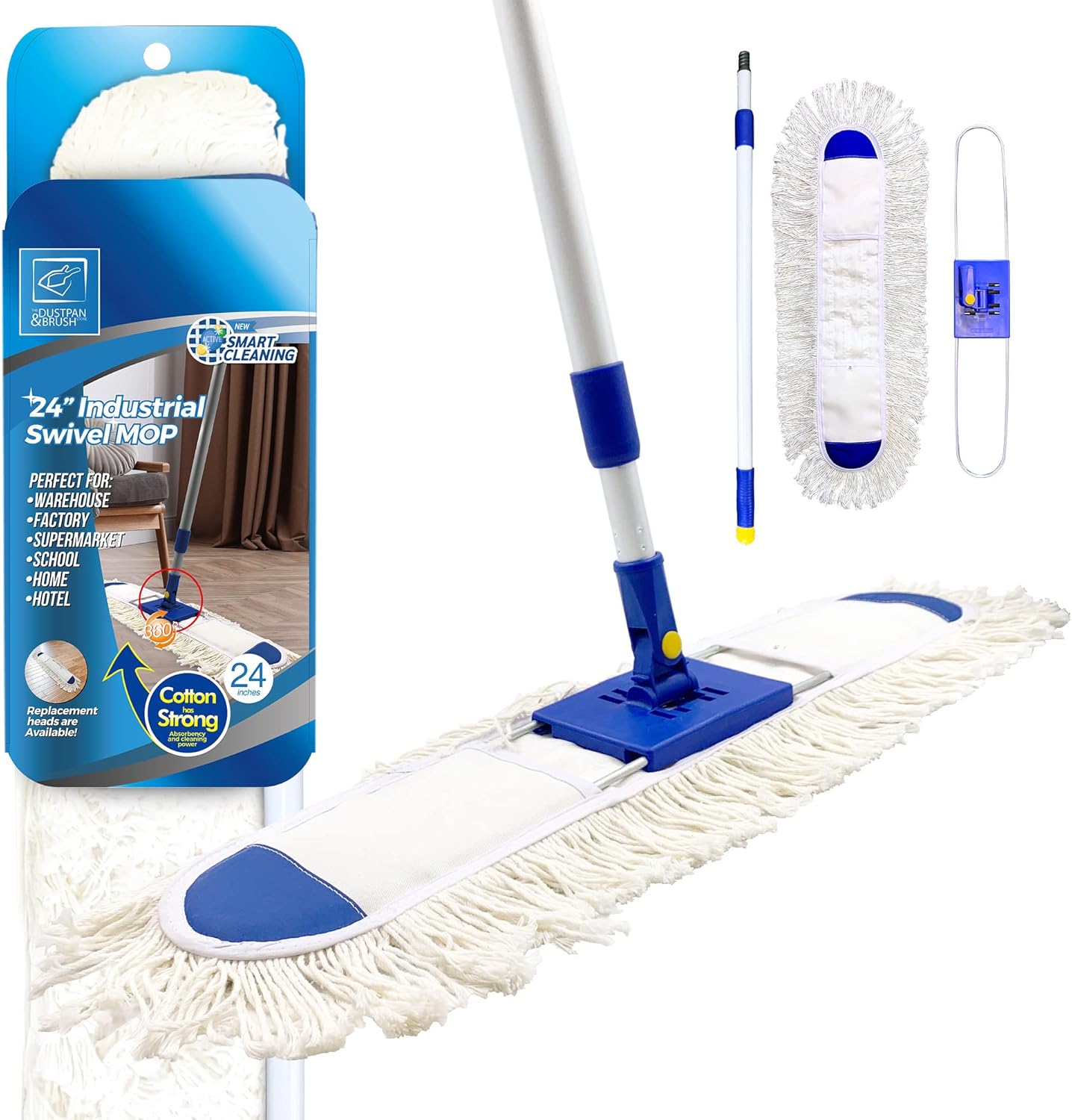 60cm Large Flat Mop Floor Duster, Industrial Mop Kit with Absorbent Cotton Floor Pad and 77cm-133cm Telescopic Handle, Swivel Head Dust Sweeper for Warehouse, Hotel and Home Cleaning