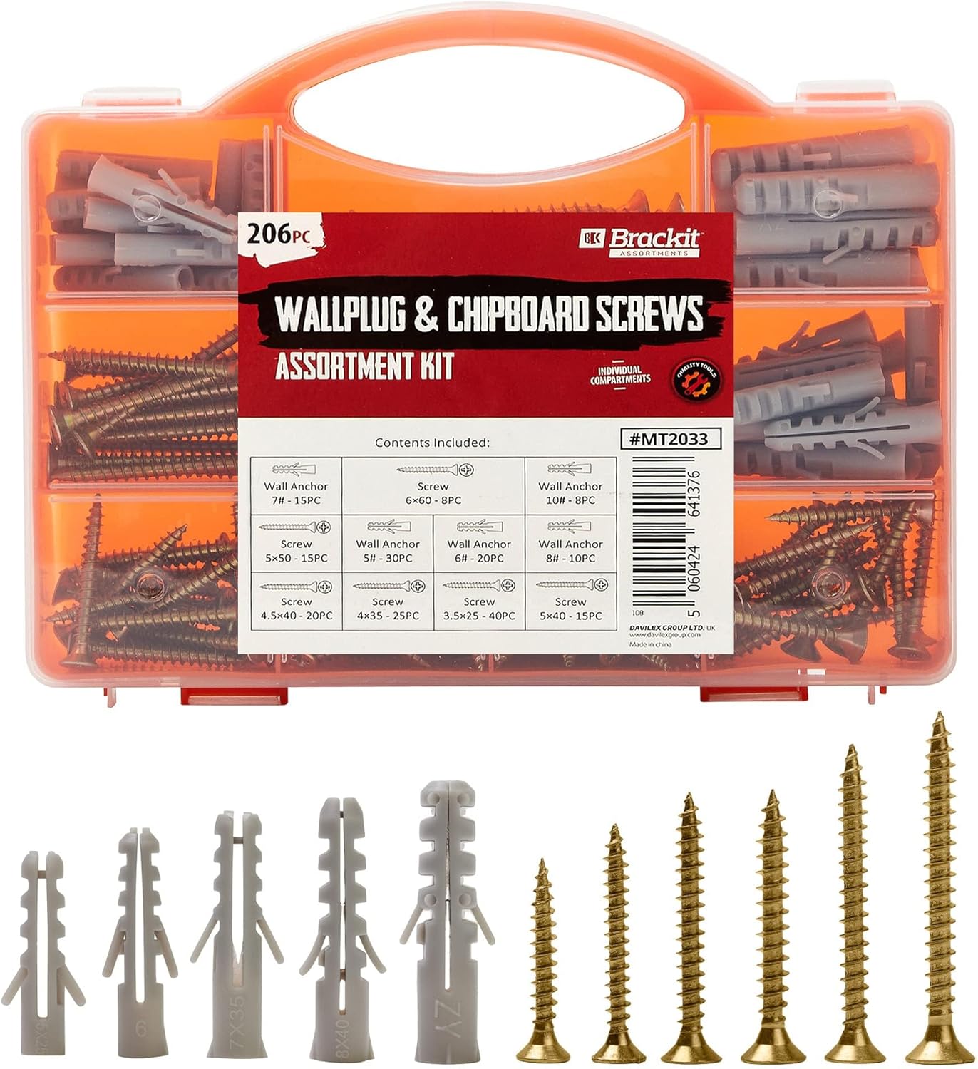 Brackit 206 Piece Drywall Plugs & Anchors Set – Heavy Duty Chipboard Screws Assortment Kit inc. Countersunk Pozi Drive Head Wood Screws – For Repairing, Drilling, Mounting, Building, Furniture and DIY