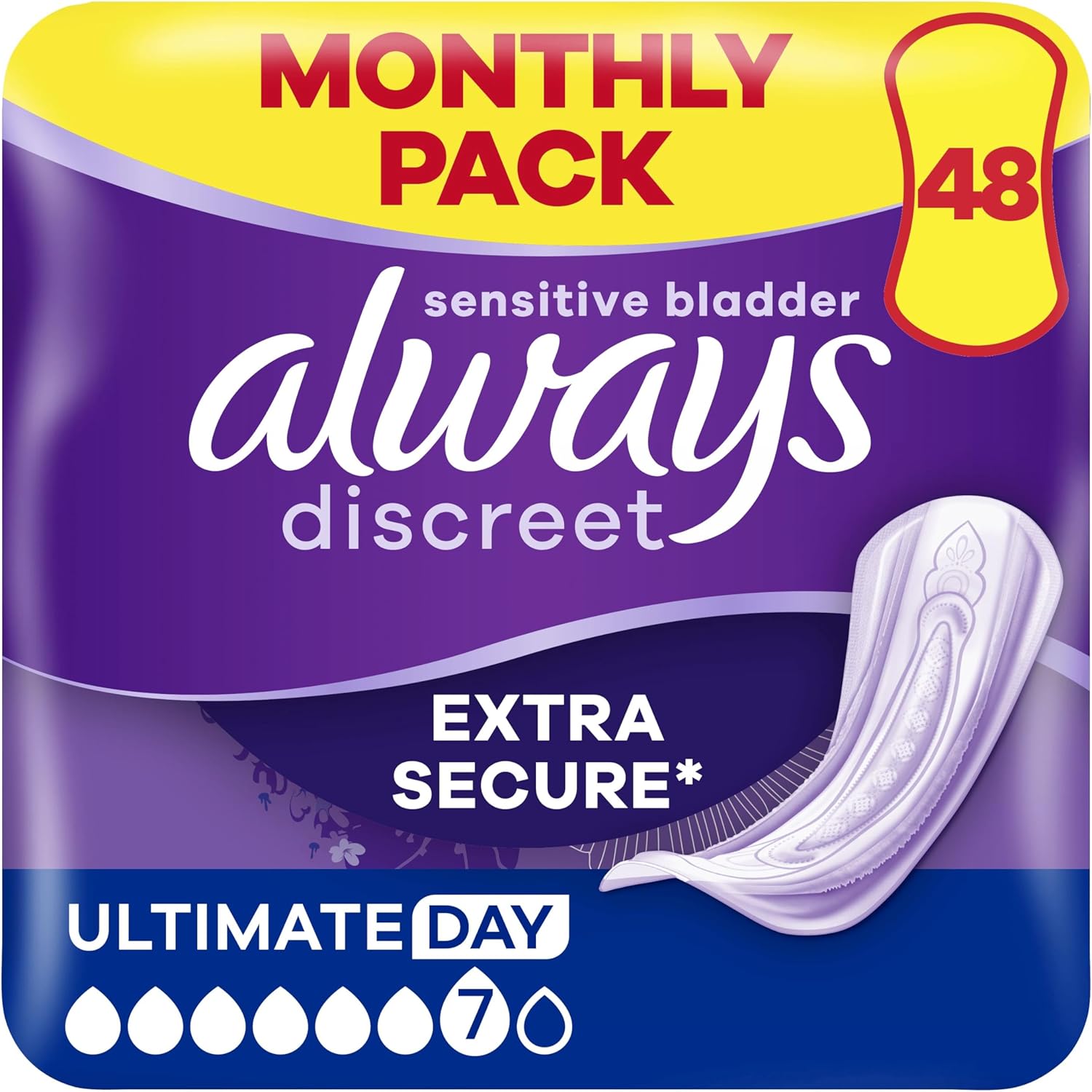 Always Discreet Incontinence Pads Women, Ultimate Day, Absorbency 6, 48 Sanitary Towels (12 x 4 Packs), Extra Secure Bladder Weakness Pads Women, Odour Neutraliser