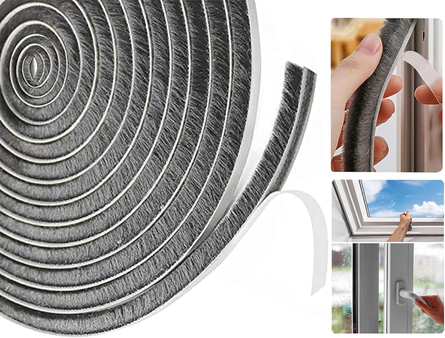 Draft Excluder for Doors Windows, 5 Meters(L) x 9 mm(W) x 5mm(T) Brush Weather Stripping Tape Self-Adhesive Seal Strip Grey