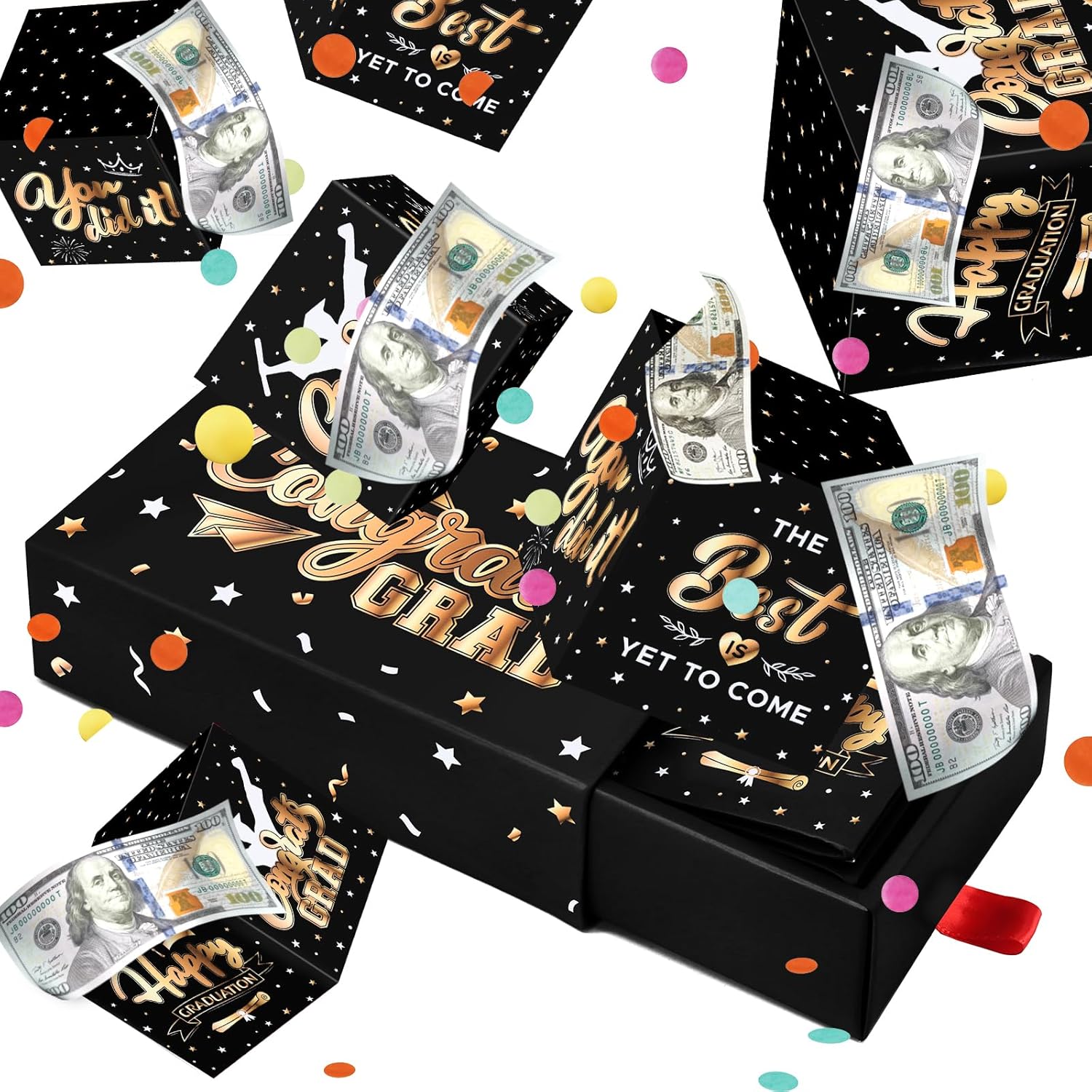 Giftota Graduation Gifts Money Box for Women Men, Graduation Surprise Gift Explosion Gift Box for Money, Cash Explosion Gift Box with Confett, Mystery Money Box for Cash Gifts - Black Gold