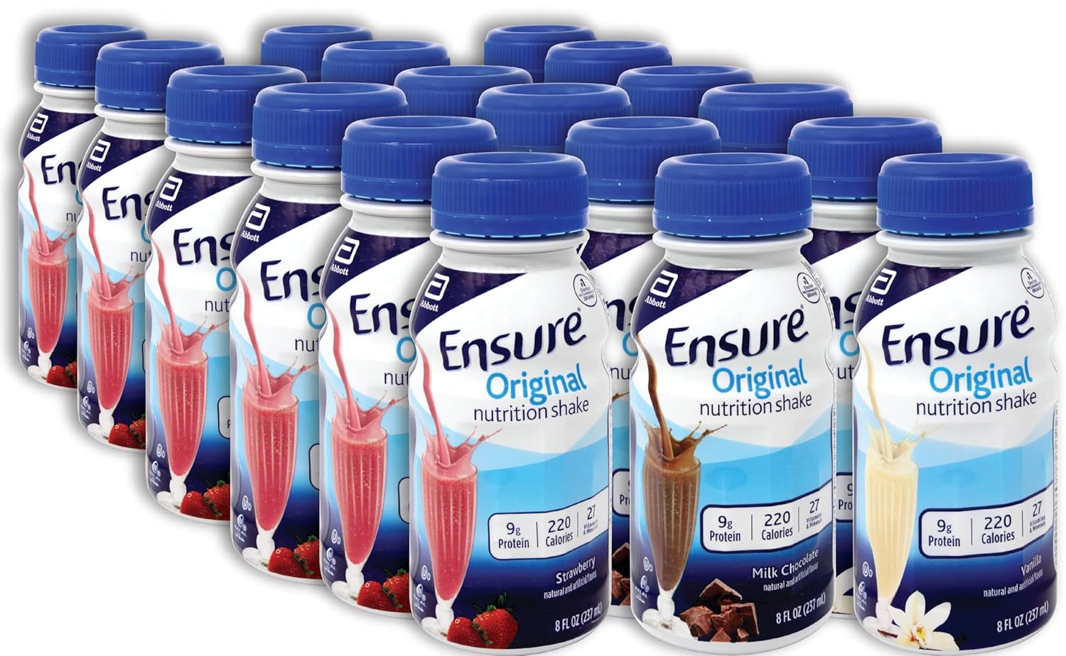 Niro Assortment | Ensure Original Variety Pack - 18 On-the-Go Protein Nutrition Shakes – Meal Replacement Shake with Delicious Chocolate Shake, Vanilla, and Strawberry - 6 of Each Flavor| Bundle with Niro Beverage Sleeve