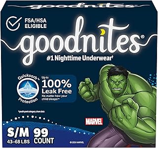 Goodnites Boys' Bedwetting Underwear, Size S/M (43-68 lbs), 99 Ct (3 Packs of 33), Packaging May Vary