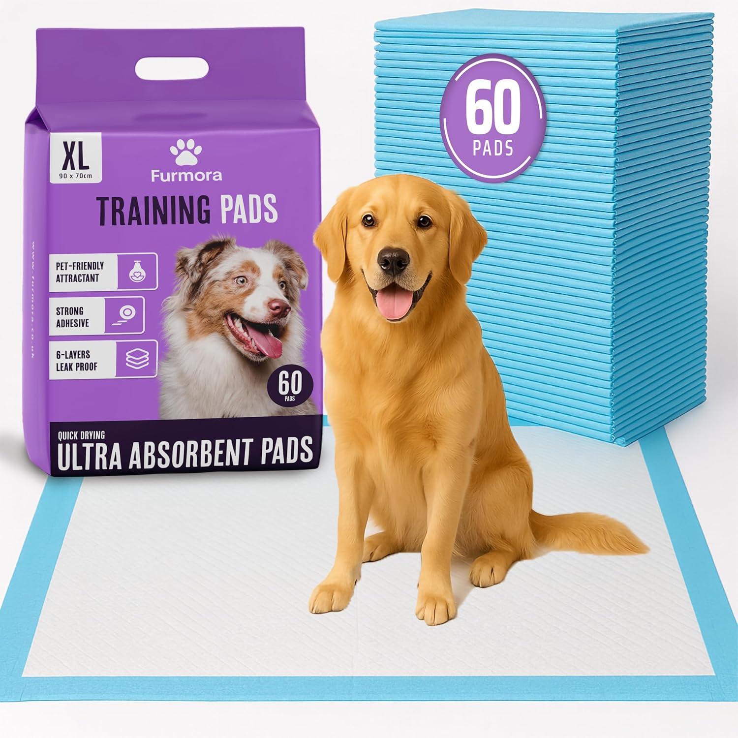 Extra Large Puppy Pads 90 x 70 cm, Pack of 60, Pee Pads for Dogs Potty Training with Leak-Proof Quick-Dry Design, 6-Layer Puppy Training Pads