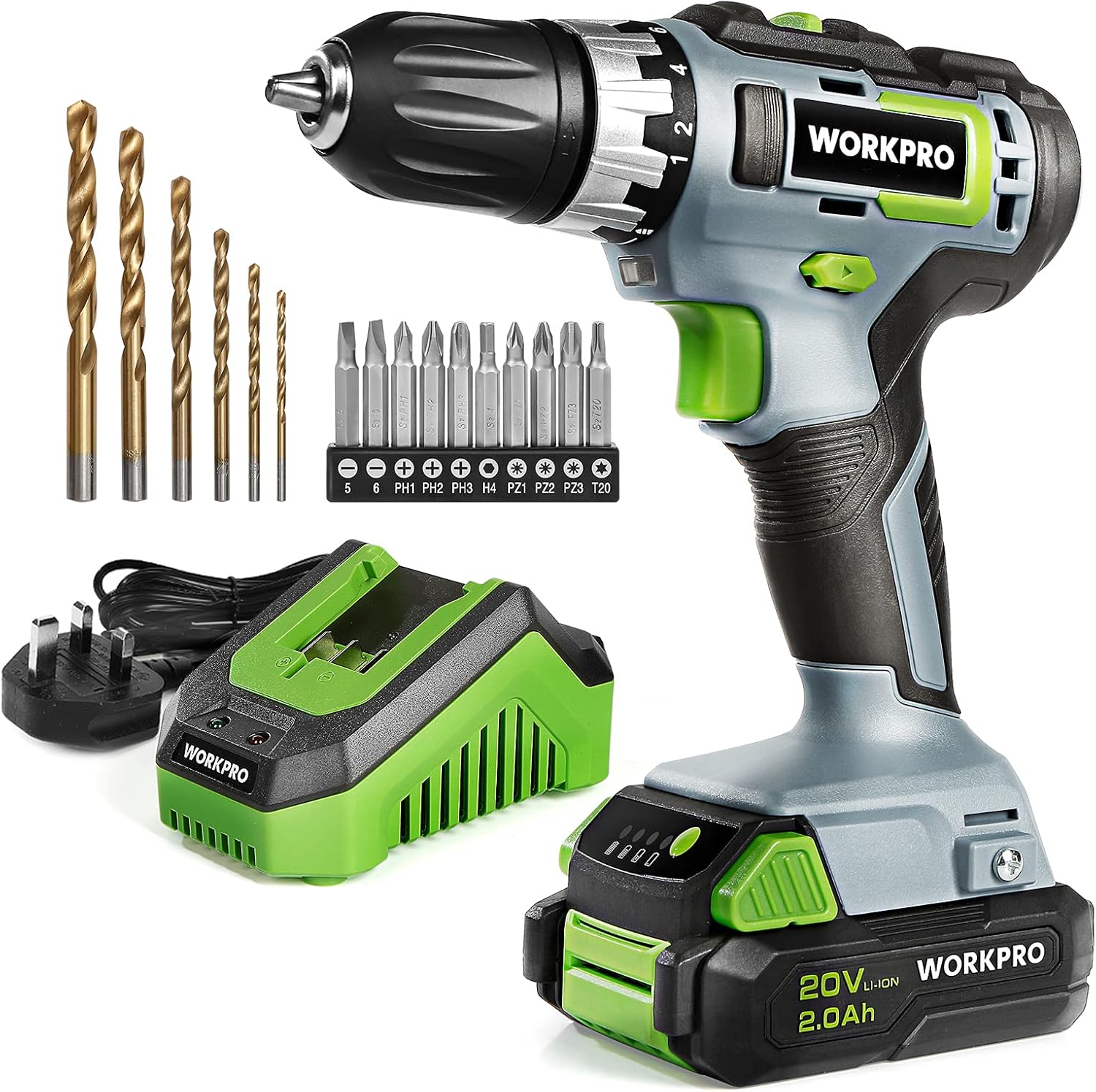 WORKPRO 20V Electric Drill Driver with 2000 mAh Battery, 1H Quick Charger, 25 Nm Max, 18+1 Torque, 3/8" Chuck, 2 Speed, LED Light, 16 pcs Drill and Screwdriver Bit