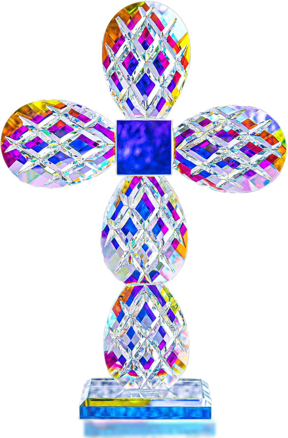 QFkris 9'' Tall Colorful Crystal Cross Standing Grid Modern Cross Figurine Glass Craft Memorial Gifts Christian Decor