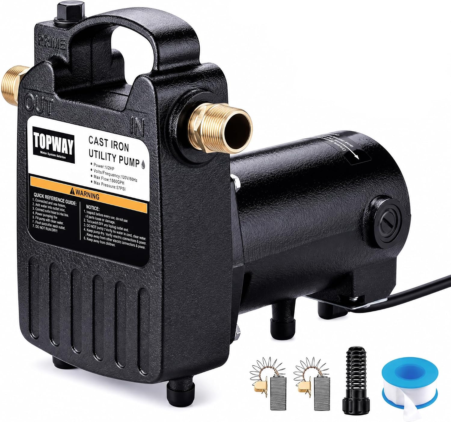 TOPWAY 1/2HP 1560GPH Portable Cast Iron High Pressure Utility Transfer Water Pump with Built-in On/Off Switch,Hose connectors & Suction Strainer.