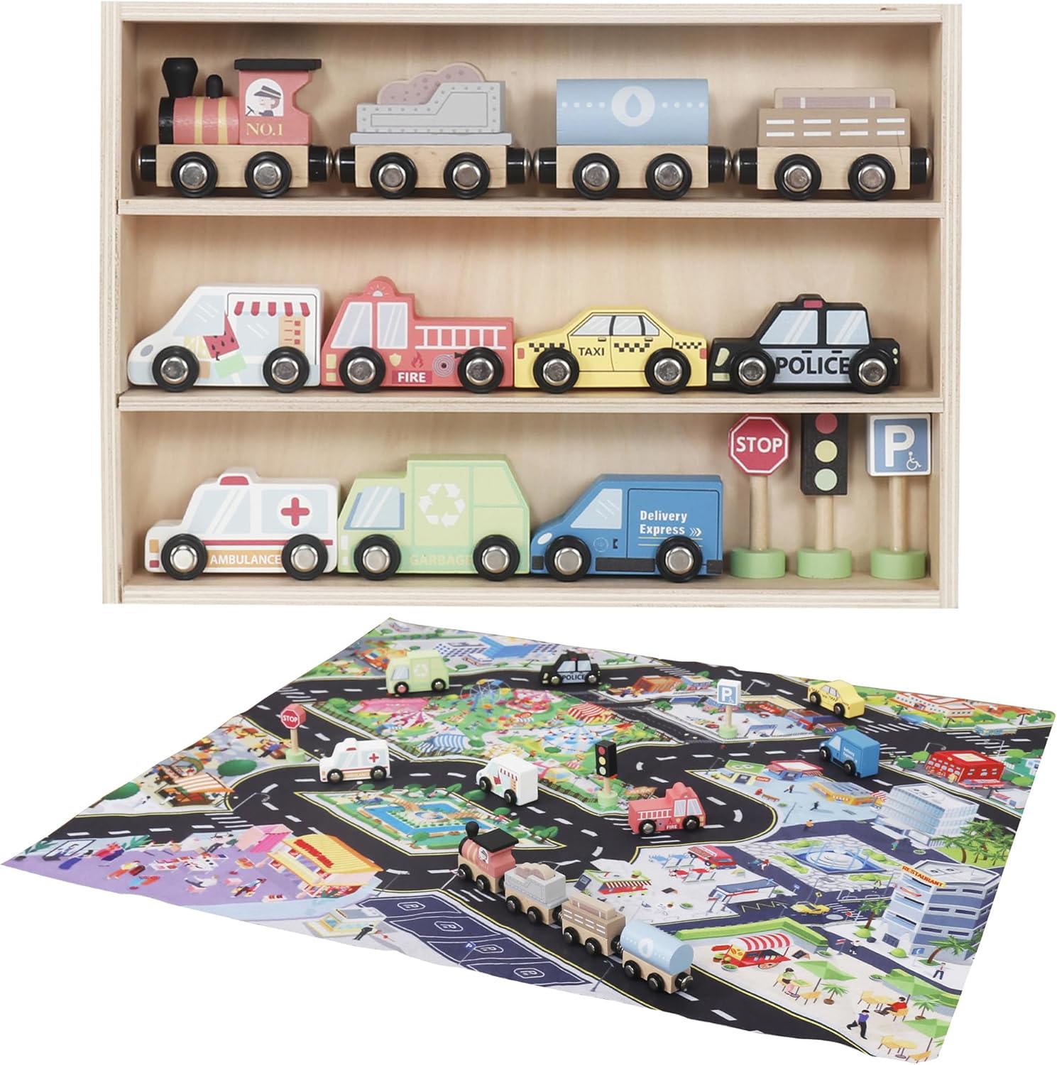 Wooden Train Toy Set with Traffic Mats,Taxi, Police Car, Fire Truck&Ice Cream Car;Toddler Toy Train Track for Kids;Magnetic Train Set with Railway;Montessori Toys for 3 4 5 6 7 Year Old Boys&Girls