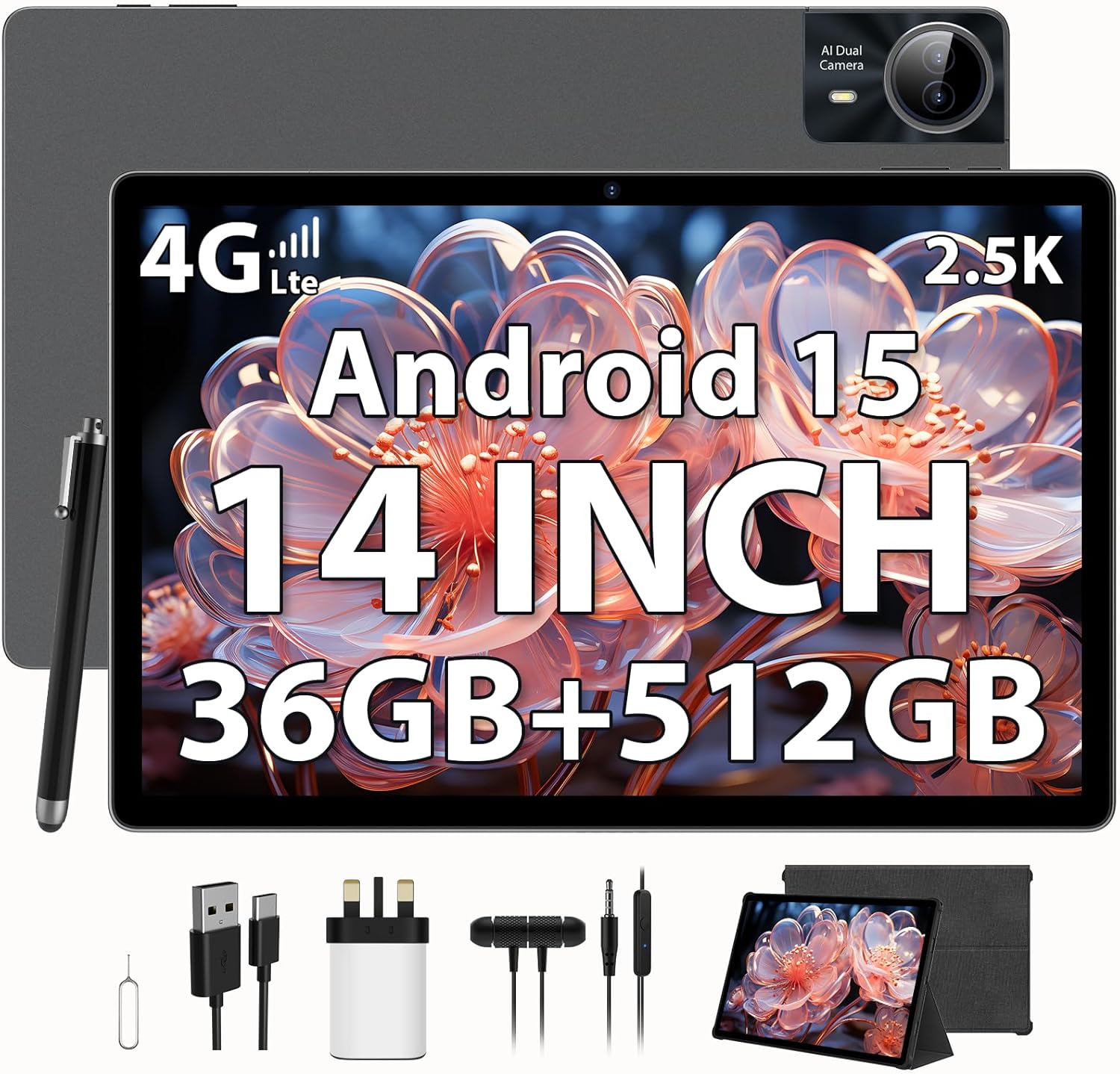 2.5K Android 15 Tablet 14 inch, 36GB RAM, 512GB ROM (2TB Expansion), 4G Lte/5G WiFi, INCELL 2240 x 1400 FHD, 11580mAh, Octa-Core 2.0GHz, 13MP+8MP, Tablet with Case/GPS/Bluet 5.0 (Gray)