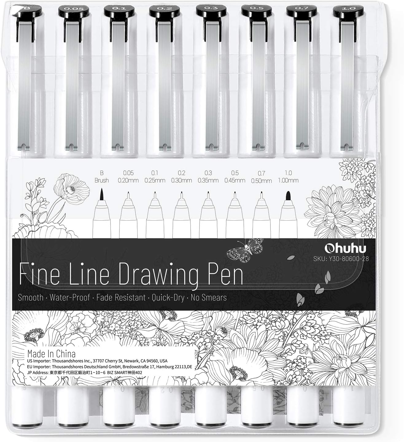 Ohuhu Fineliner Pens, 8 Pack Waterproof Quick Dry Fade Resistant 7 Assorted Tip Fine Liner Pens Black & A Brush Pen, for Drawing Details & Art Illustration, Sketching, Manga