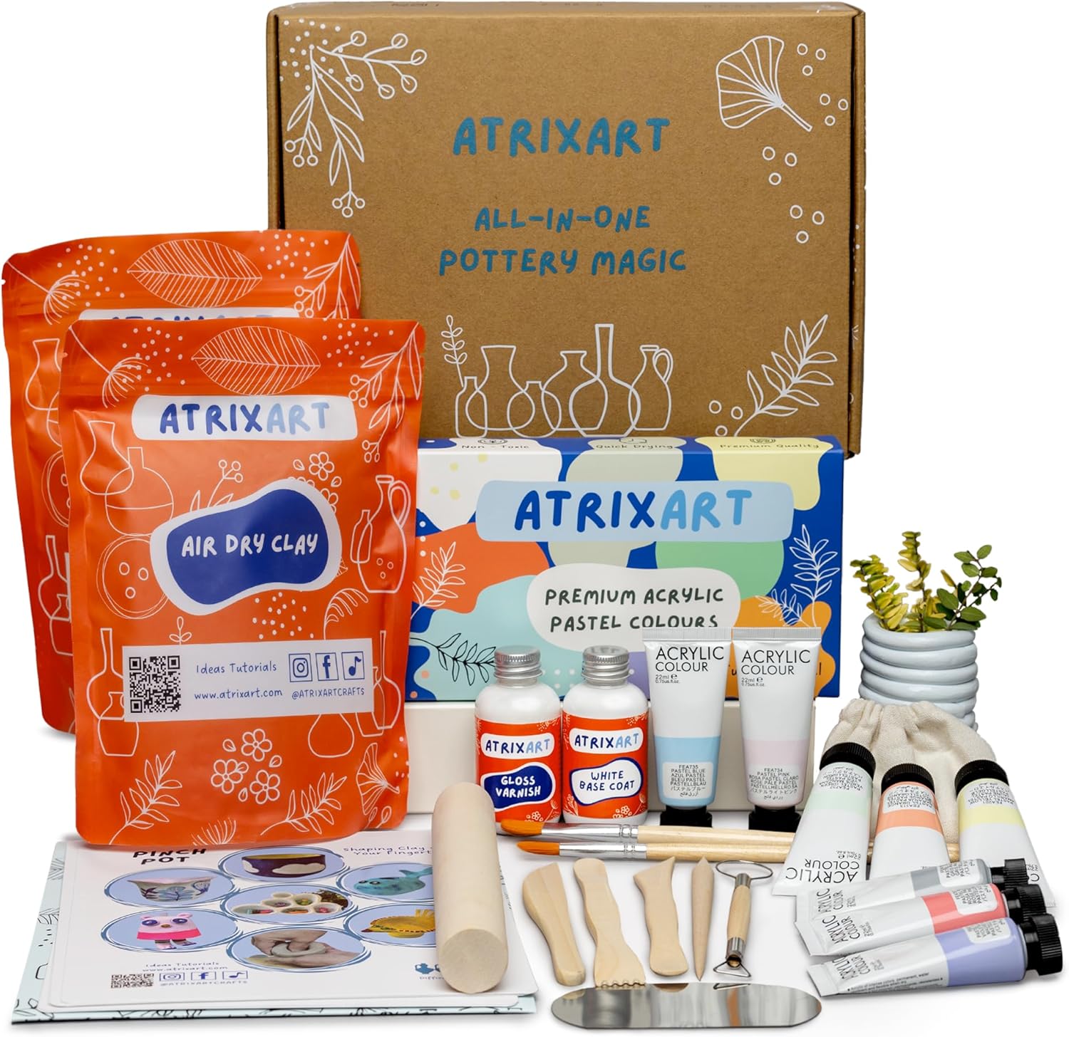 Atrixart All in One Pottery Kit for Beginners. The Craft Kit has 2kg Air Dry Clay for Adults, How to Guides & Templates, Paints and Modelling Clay Sculpting Tools (Pastel Colours)