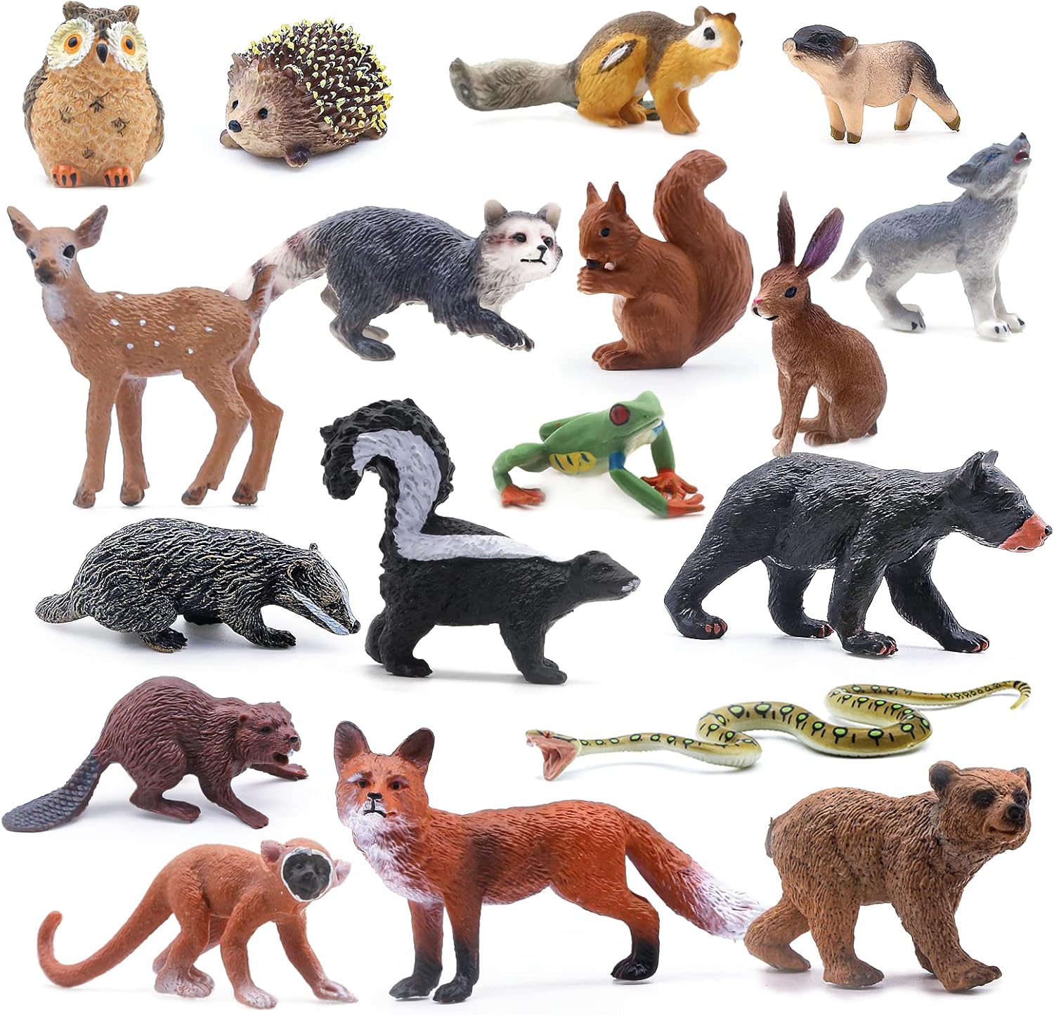 SIENON 18Pcs Forest Animals Figures Toys, Baby Woodland Animals Figurines, Miniature Animals Toys with Owl Hedgehog Fox Squirrels Bear Deer Wolf for Woodland Theme Cake Cupcake Toppers