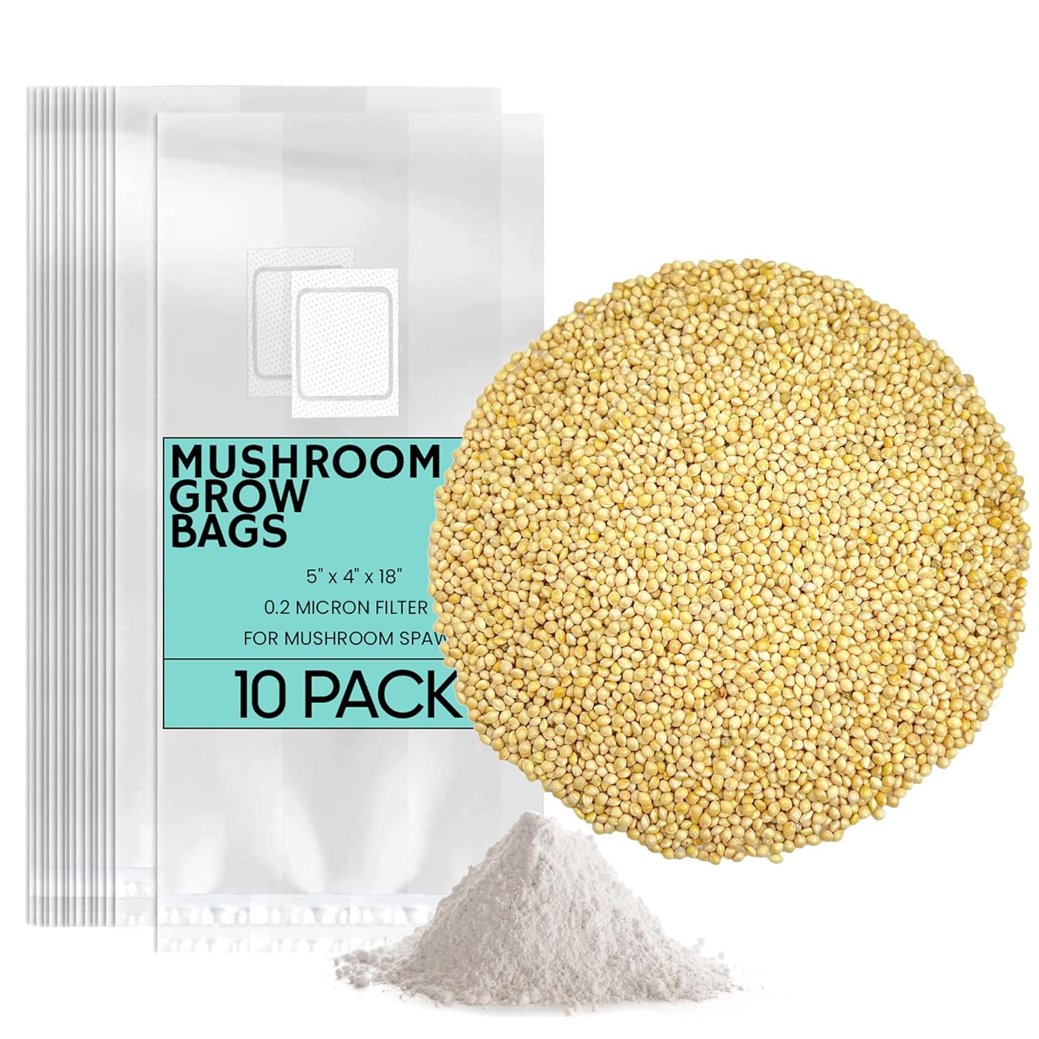 Olympus Myco Mushroom Spawn Preparation Kit: 10 lbs White Proso Millet Grain, 1 lb Lab-Grade Gypsum & 10-Pack Grow Bags with 0.2 Micron Filter (5"x4"x18")
