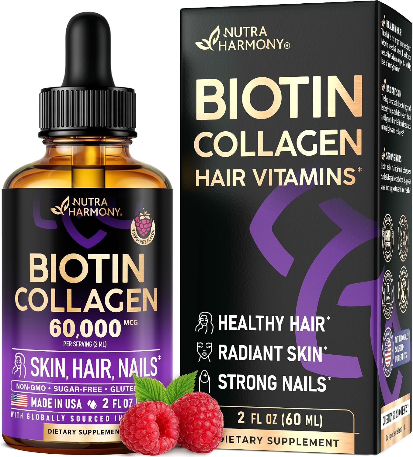 Liquid Biotin & Collagen 60,000mcg - Biotin for Hair Growth Support - 2 Oz
