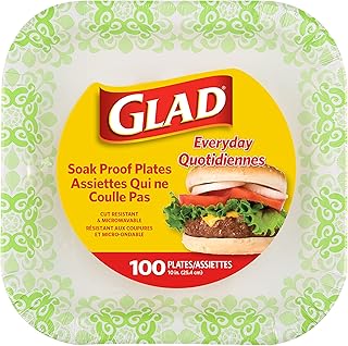 Glad Square Disposable Paper Plates for All Occasions | Soak Proof, Cut Proof, Microwaveable Heavy Duty Disposable Plates | 10" Diameter, 100 Count Bulk Paper Plates Green