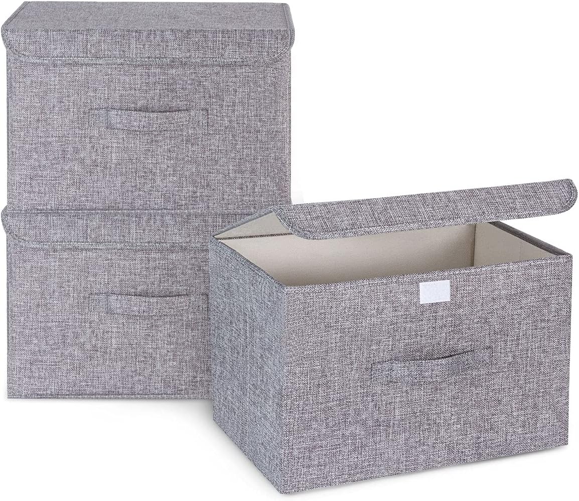 3Pcs Fabric Storage Boxes With Lids For Wardrobe Clothes Toy Foldable Linen 37 * 24 * 25cm (Grey)
