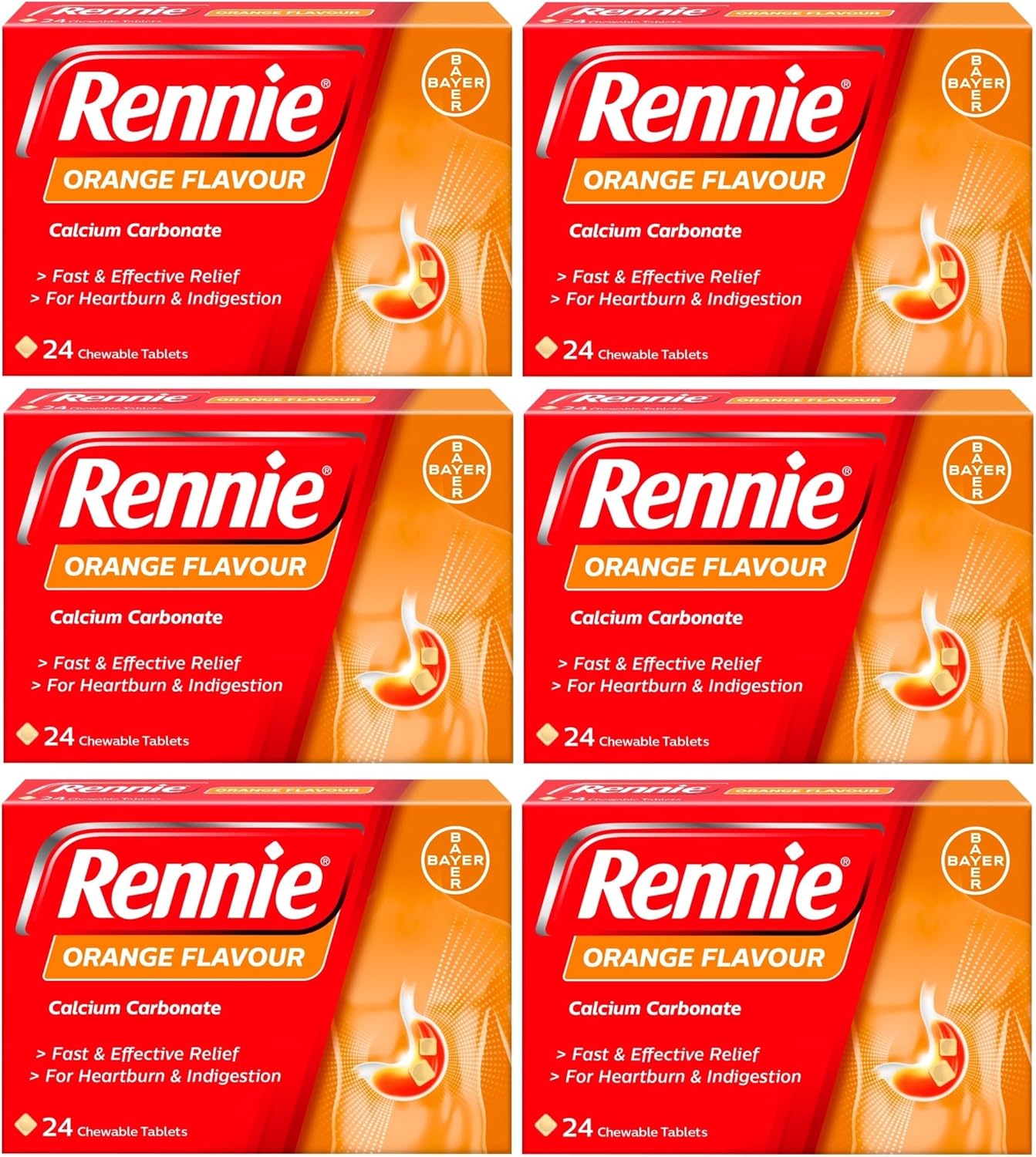 Rennie Orange - Antacids, Heartburn and Indigestion Fast and Effective Relief for Acid Reflux - 144 Tablets (6 Pack of 24 Tablets)