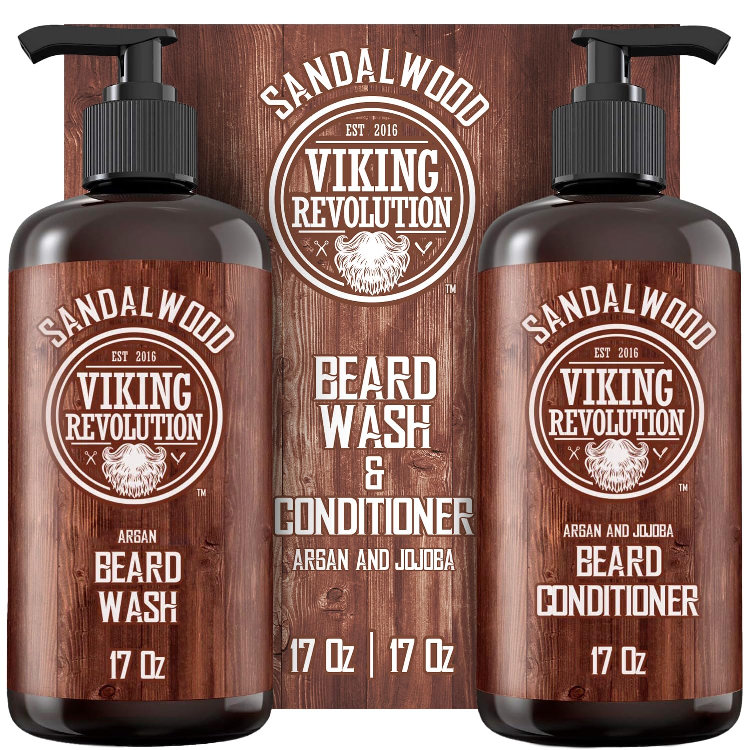 Viking Revolution Beard Wash & Beard Conditioner Set with Argan & Jojoba Oils - Softens and Strengthens - Natural Sandalwood Scent - Beard Shampoo with Beard Oil (17 oz)