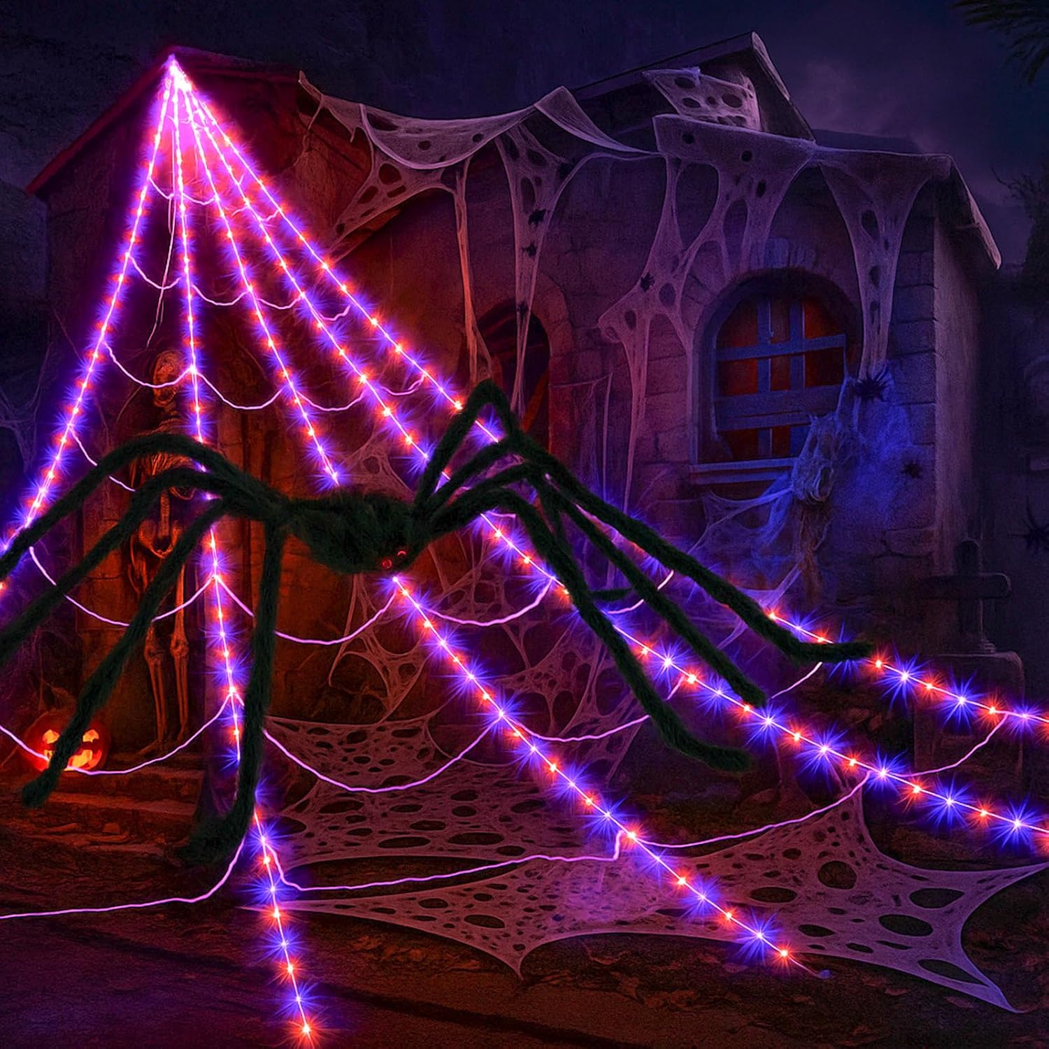 Halloween Decorations, 16.4FT Diameter Spider Web Lights with Black 4FT Spider, 250 LED Waterproof Net Lights, Remote Control, 8 Modes Cobweb for Yard House Garden Outdoor Indoor Party Haunted Decor